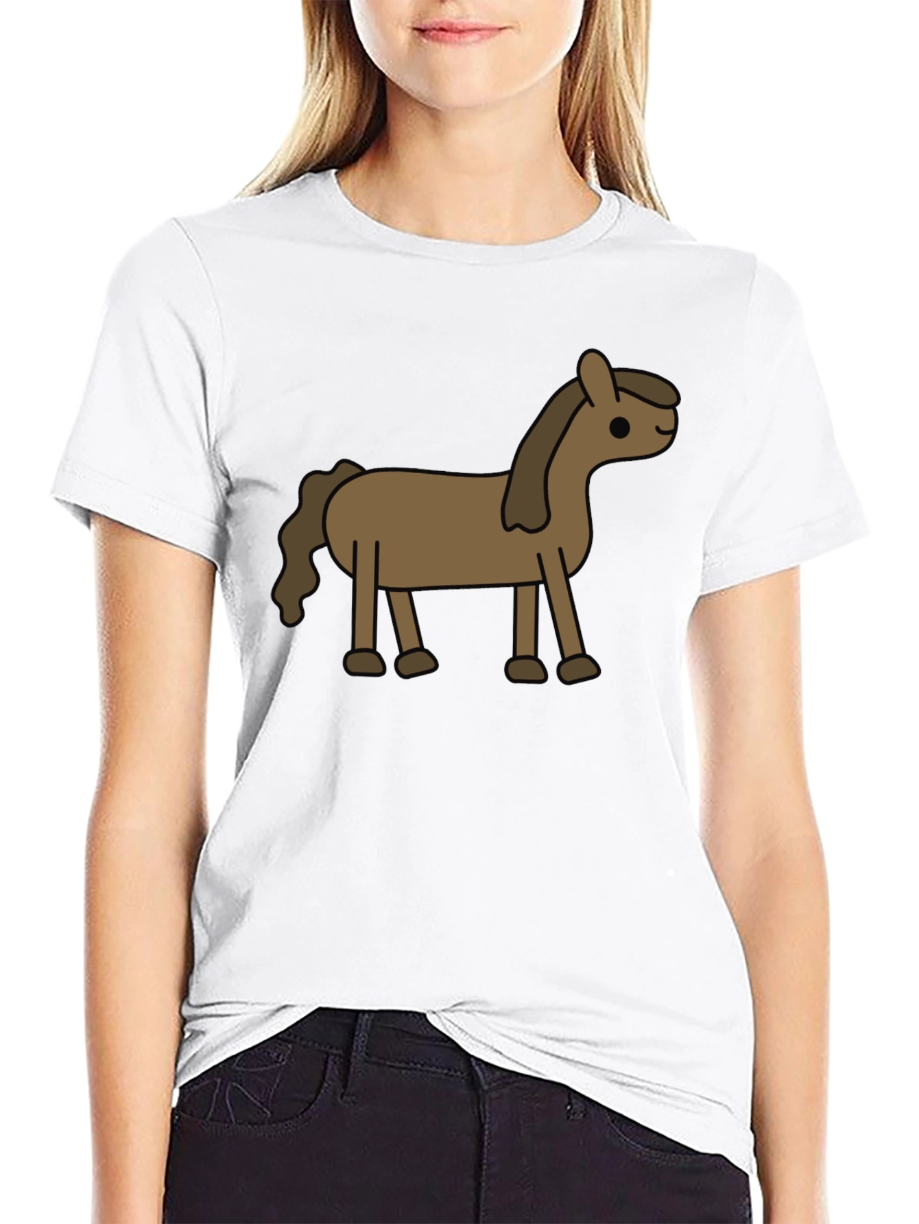 Cartoon Horse Graphic Tee - Black Cotton Blend