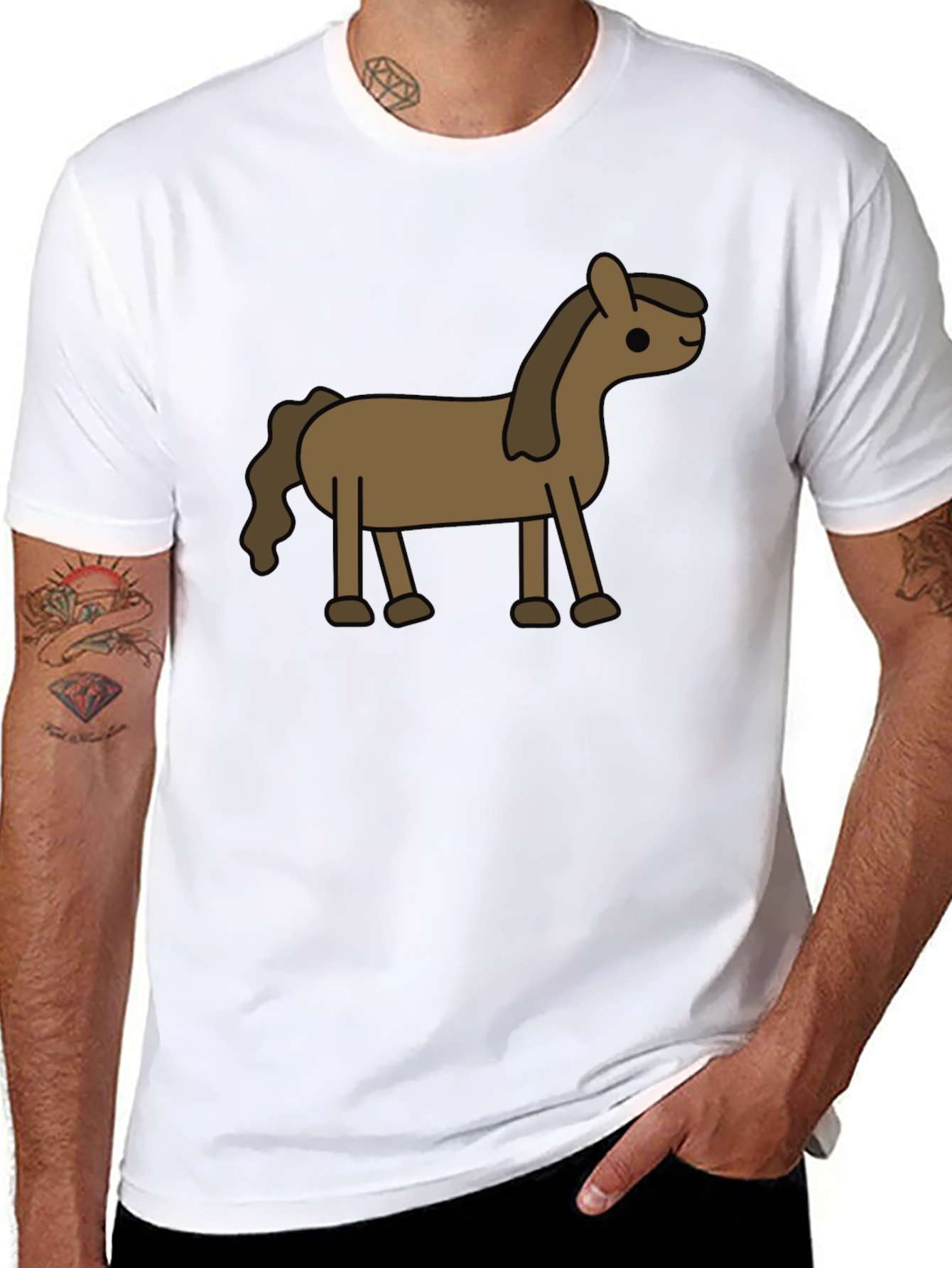 Cartoon Horse Graphic Tee - Black Cotton Blend