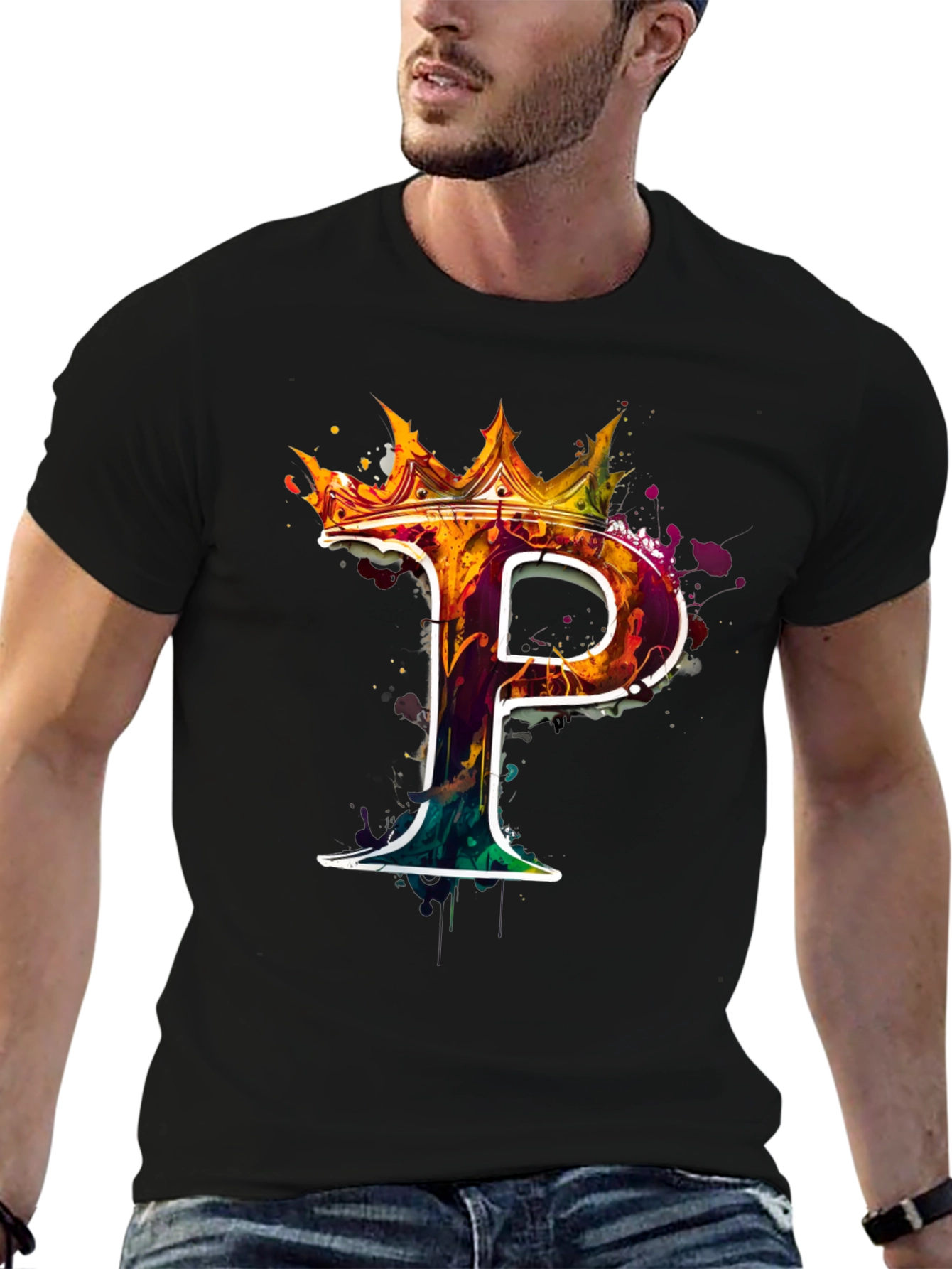 Crowned Letter P Graphic Tee - Stylish Mens Black T-Shirt