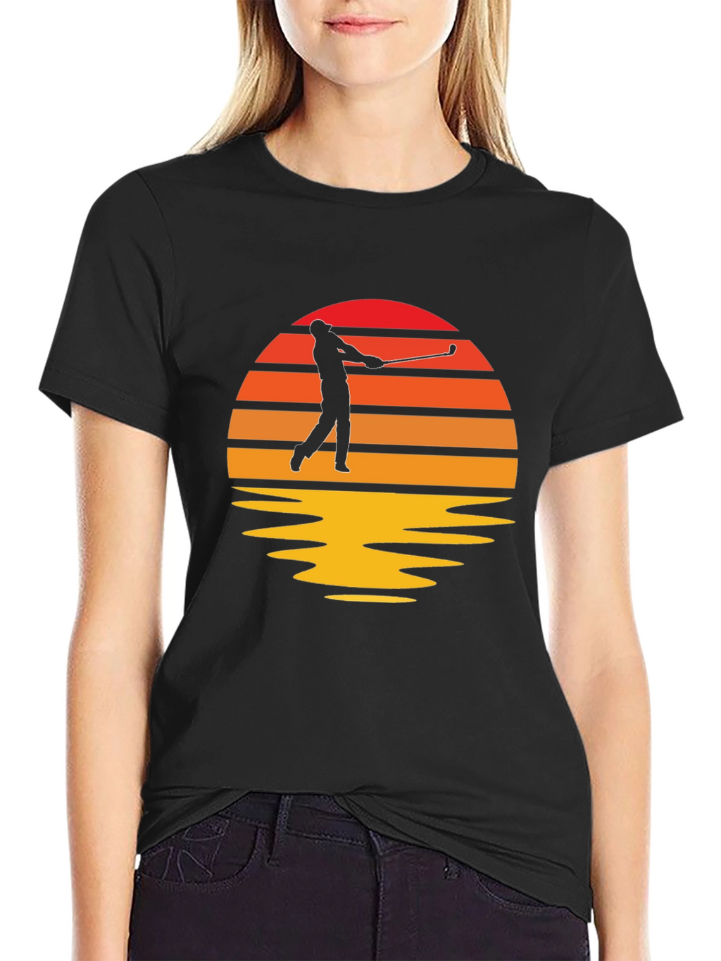 Retro Golfer Sunset Black T-Shirt