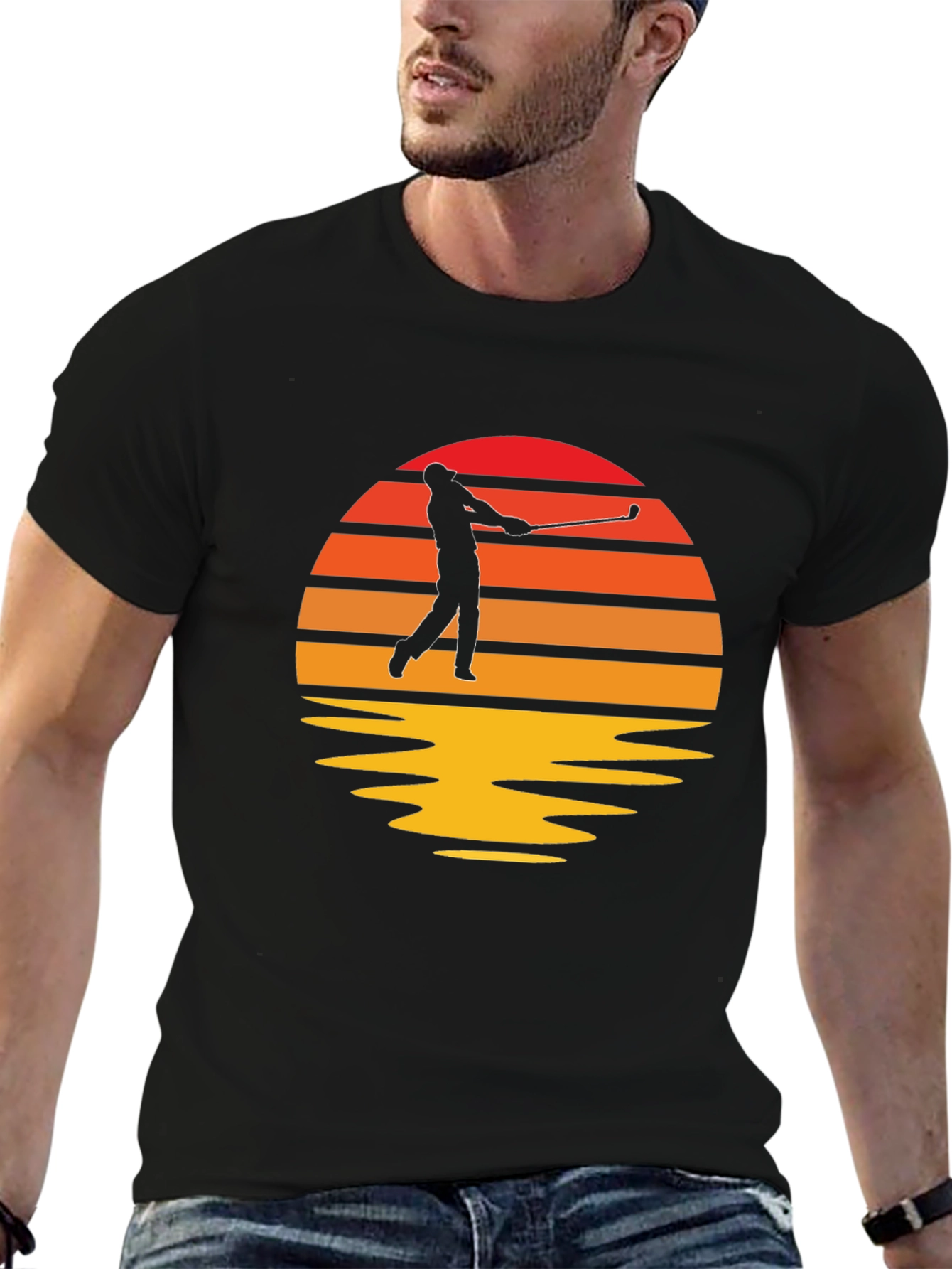 Retro Golfer Sunset Black T-Shirt