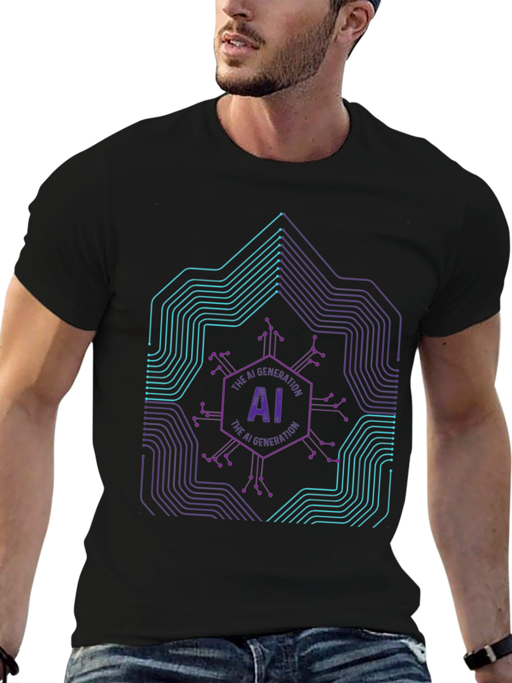 AI Generation Graphic Print Black T-Shirt