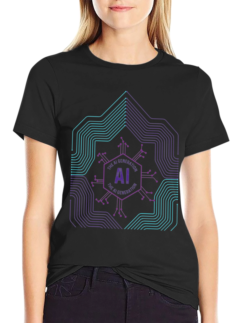 AI Generation Graphic Print Black T-Shirt