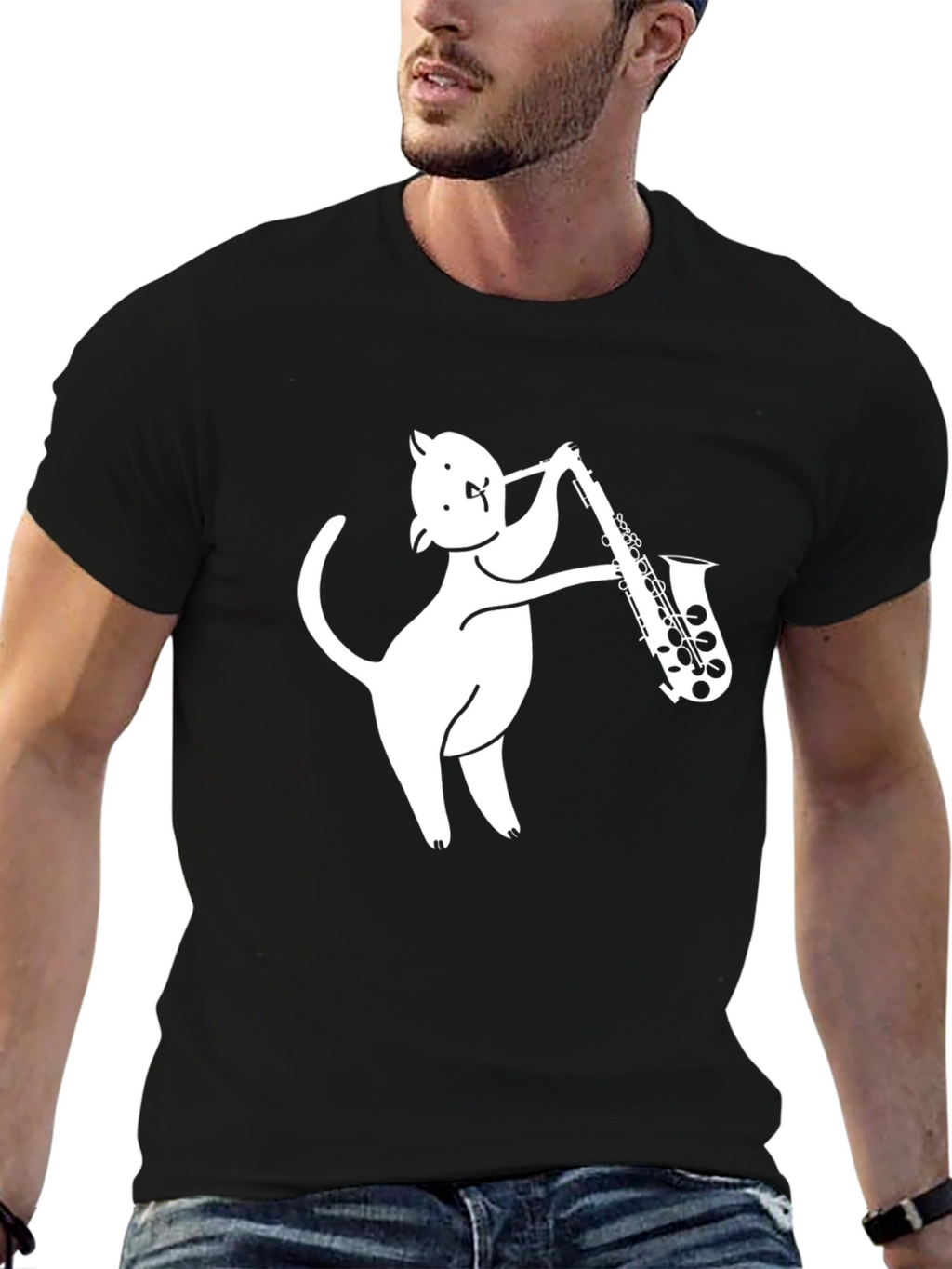 Cat Saxophone Player Graphic Tee - Cool & Unique