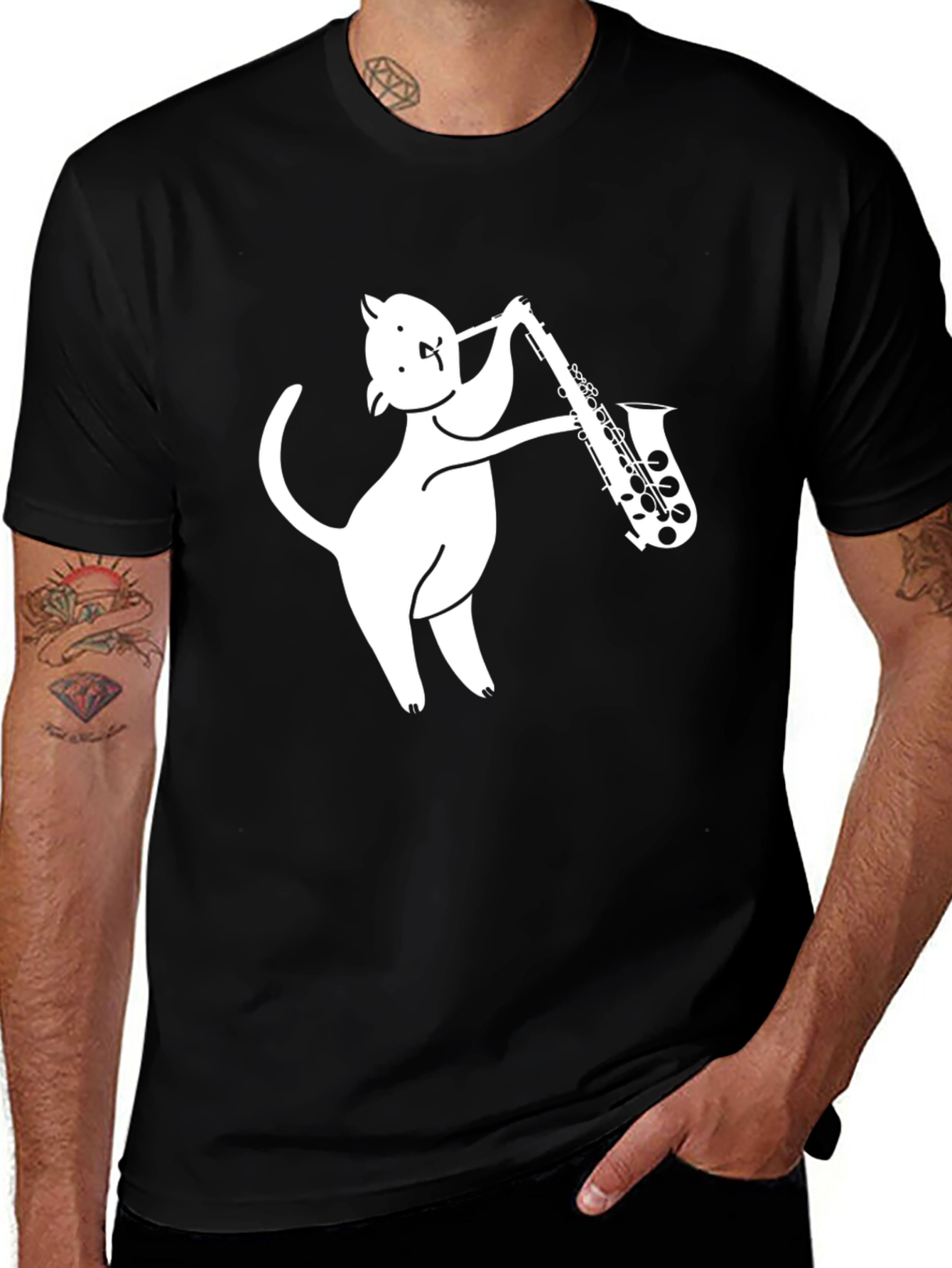 Cat Saxophone Player Graphic Tee - Cool & Unique