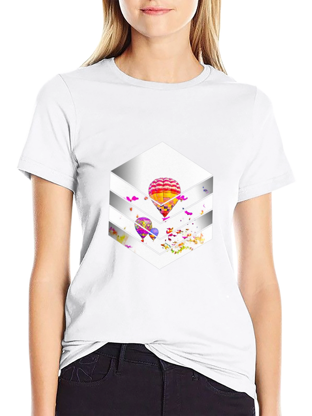 Stylish Black T-Shirt with Hot Air Balloon Graphic Design