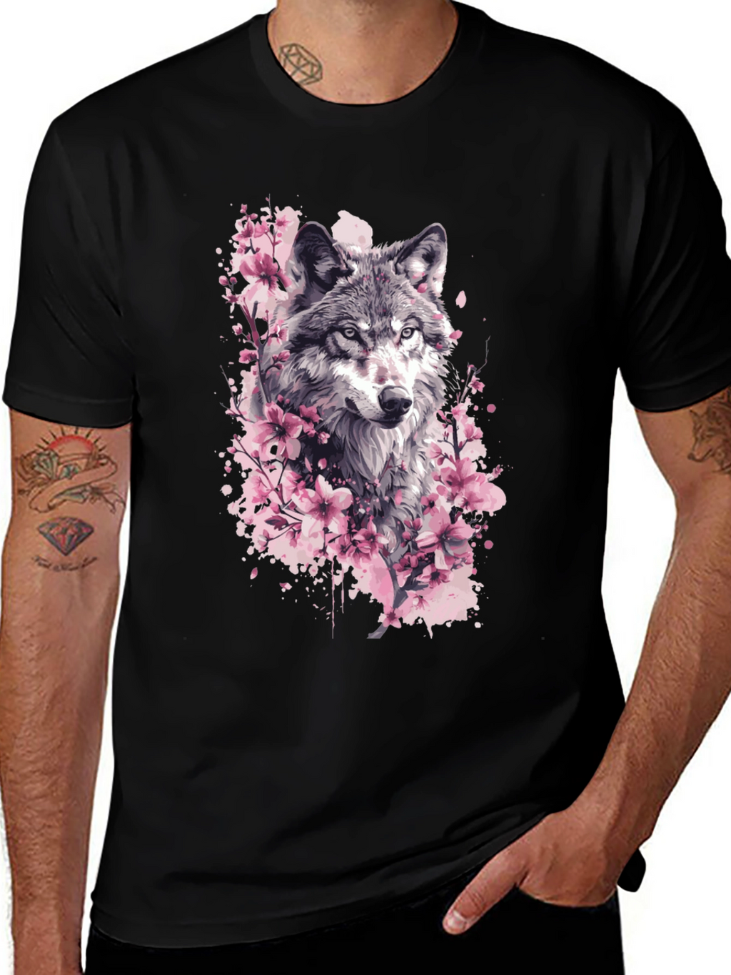 Wolf & Cherry Blossom Graphic Tee - Black