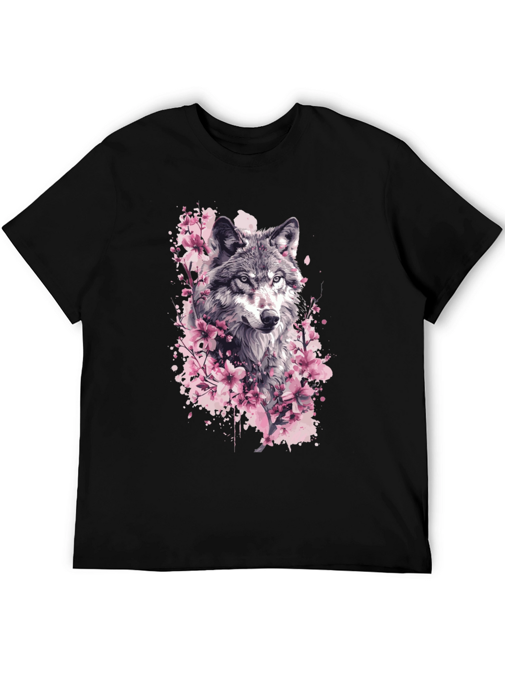 Wolf & Cherry Blossom Graphic Tee - Black