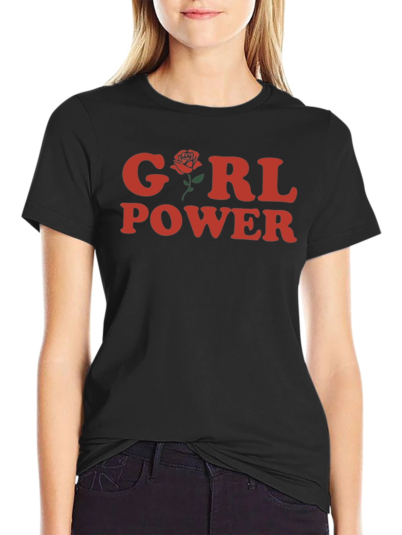 Girl Power Rose Graphic T-Shirt - Black