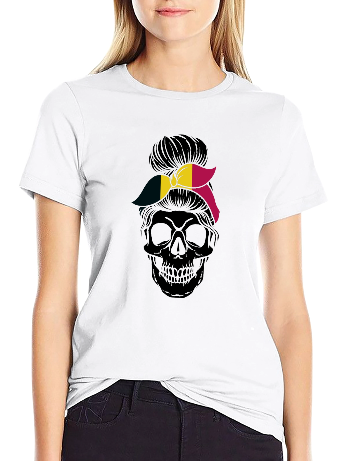 Skull Messy Bun Belgium Flag Graphic Tee