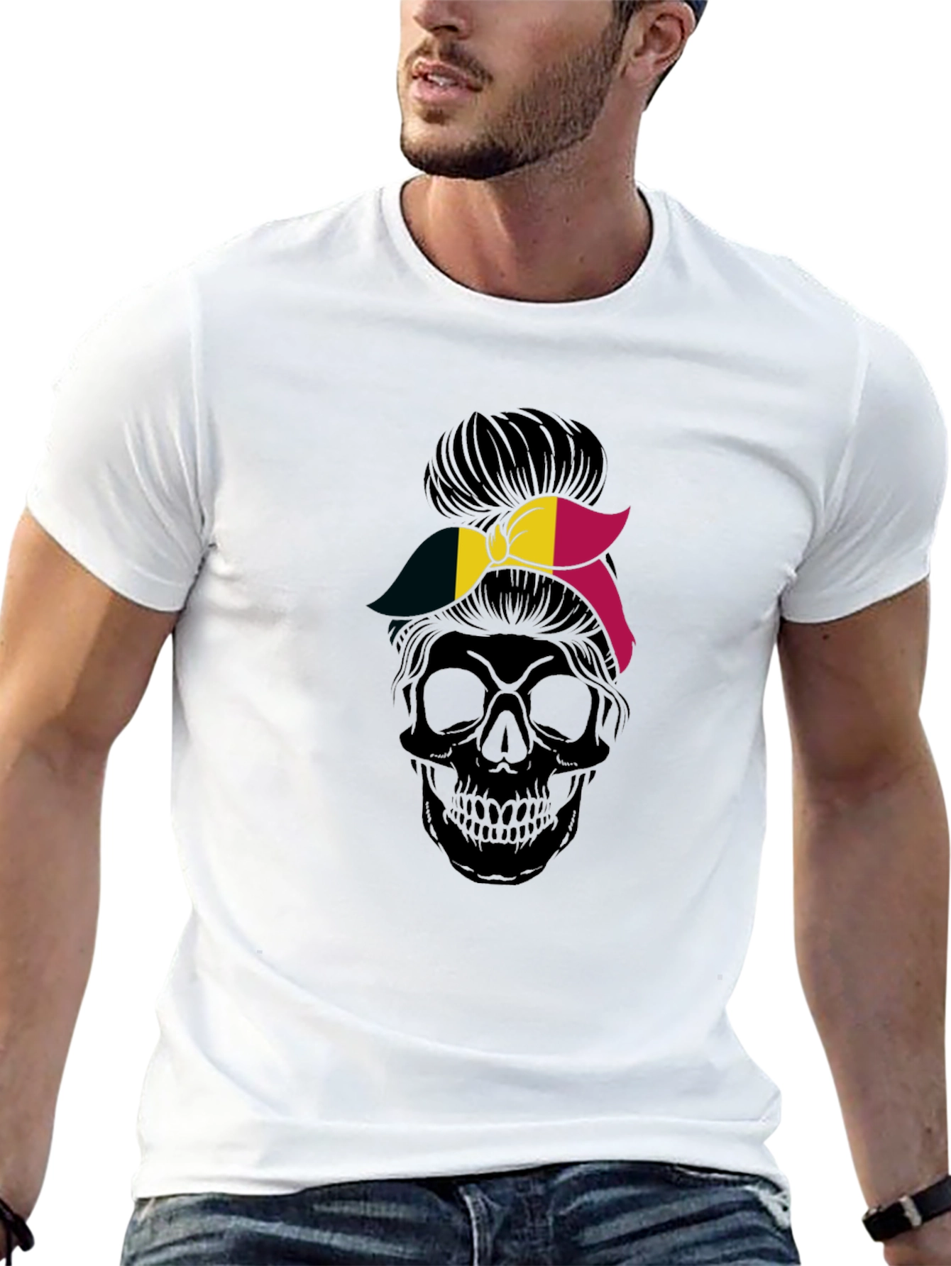 Skull Messy Bun Belgium Flag Graphic Tee