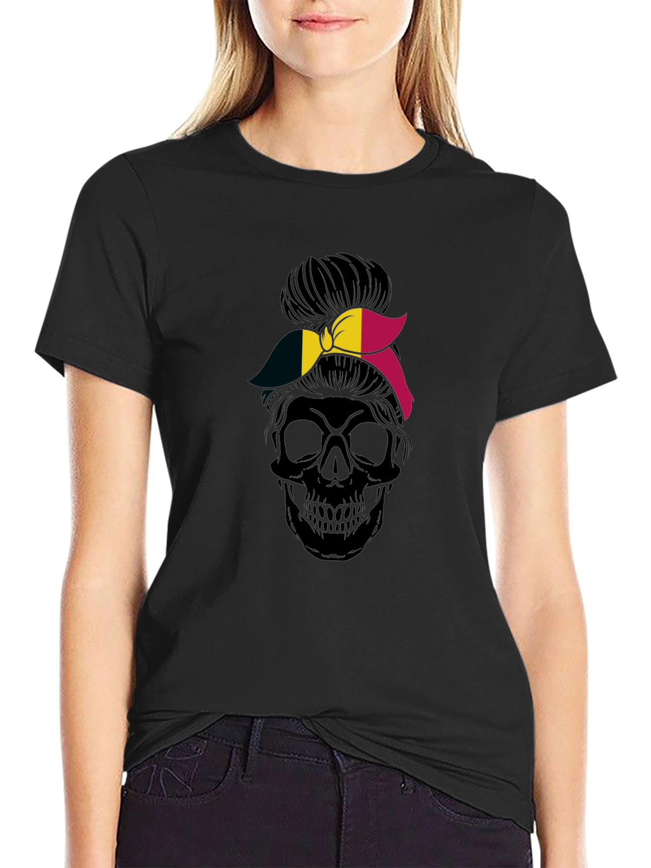 Skull Messy Bun Belgium Flag Graphic Tee