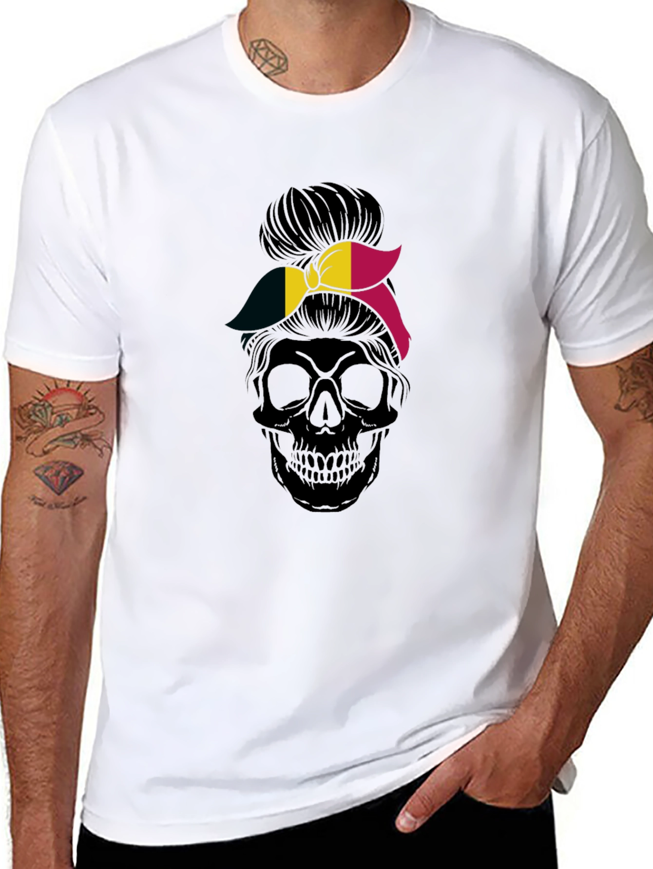 Skull Messy Bun Belgium Flag Graphic Tee