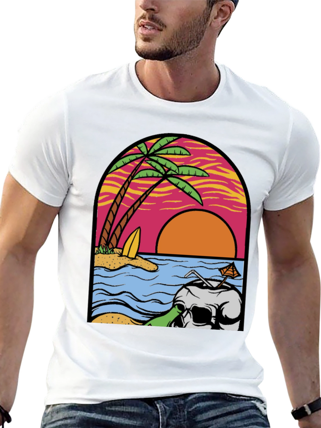 Beach Skull Graphic Tee - Tropical Sunset T-Shirt