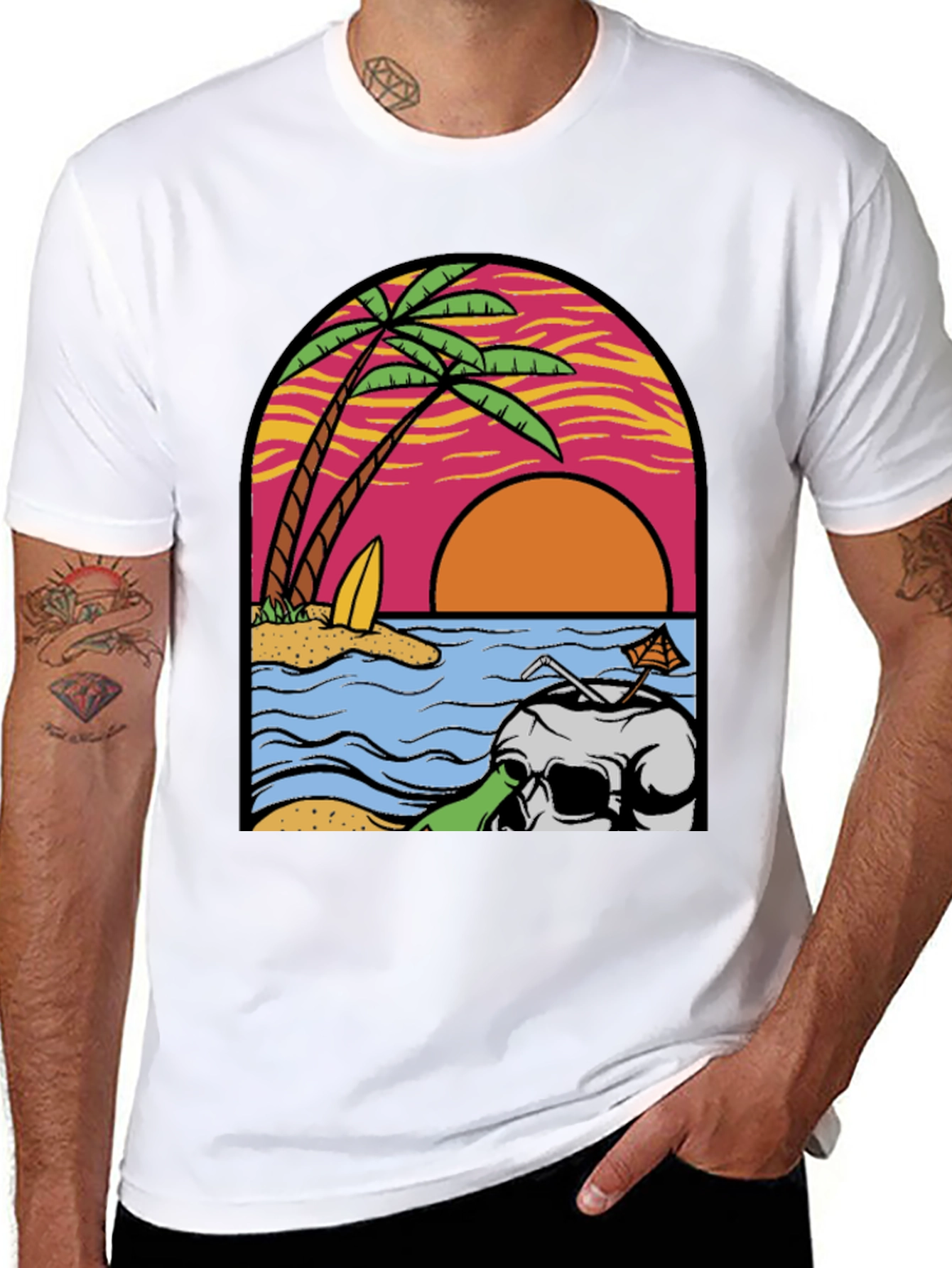 Beach Skull Graphic Tee - Tropical Sunset T-Shirt