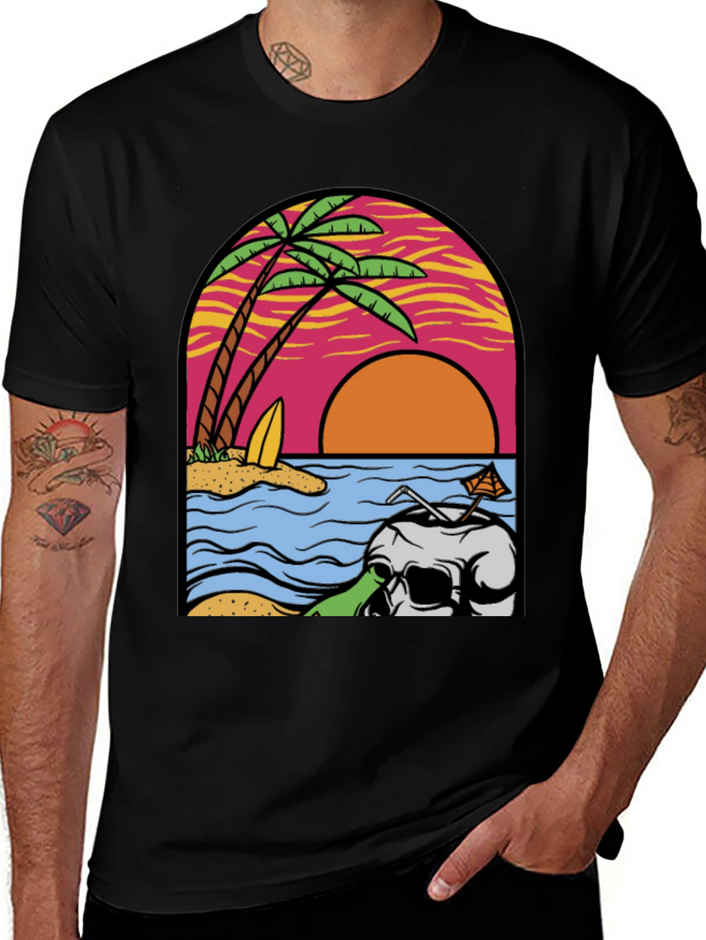 Beach Skull Graphic Tee - Tropical Sunset T-Shirt
