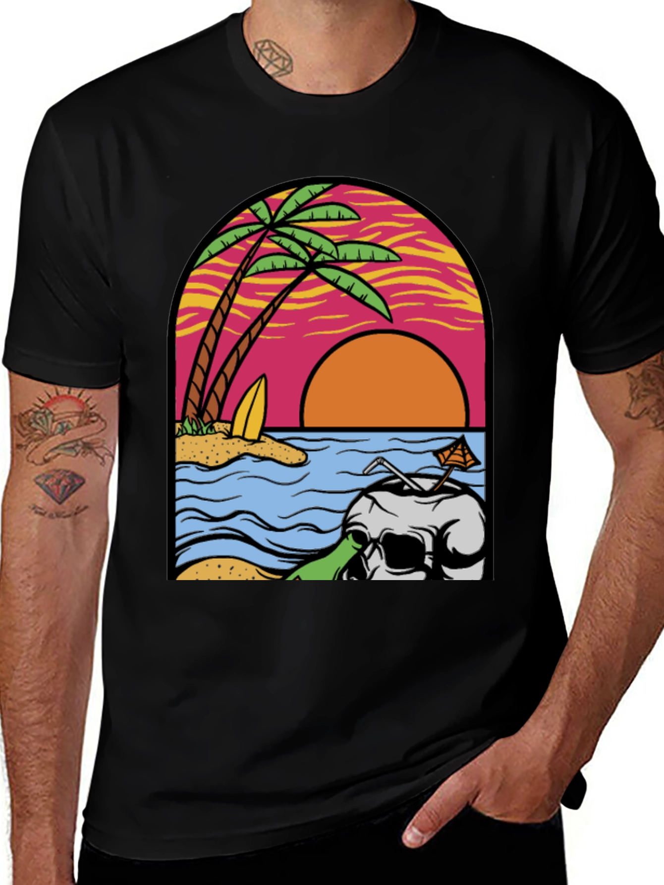 Beach Skull Graphic Tee - Tropical Sunset T-Shirt