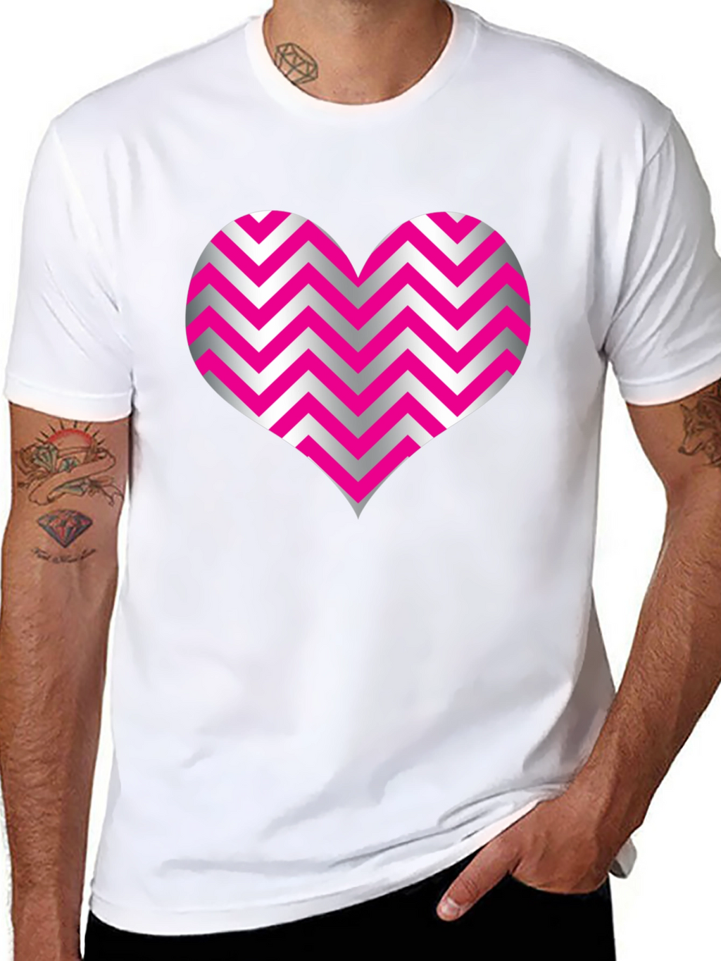 Heart Zig Zag Pattern Black T-Shirt