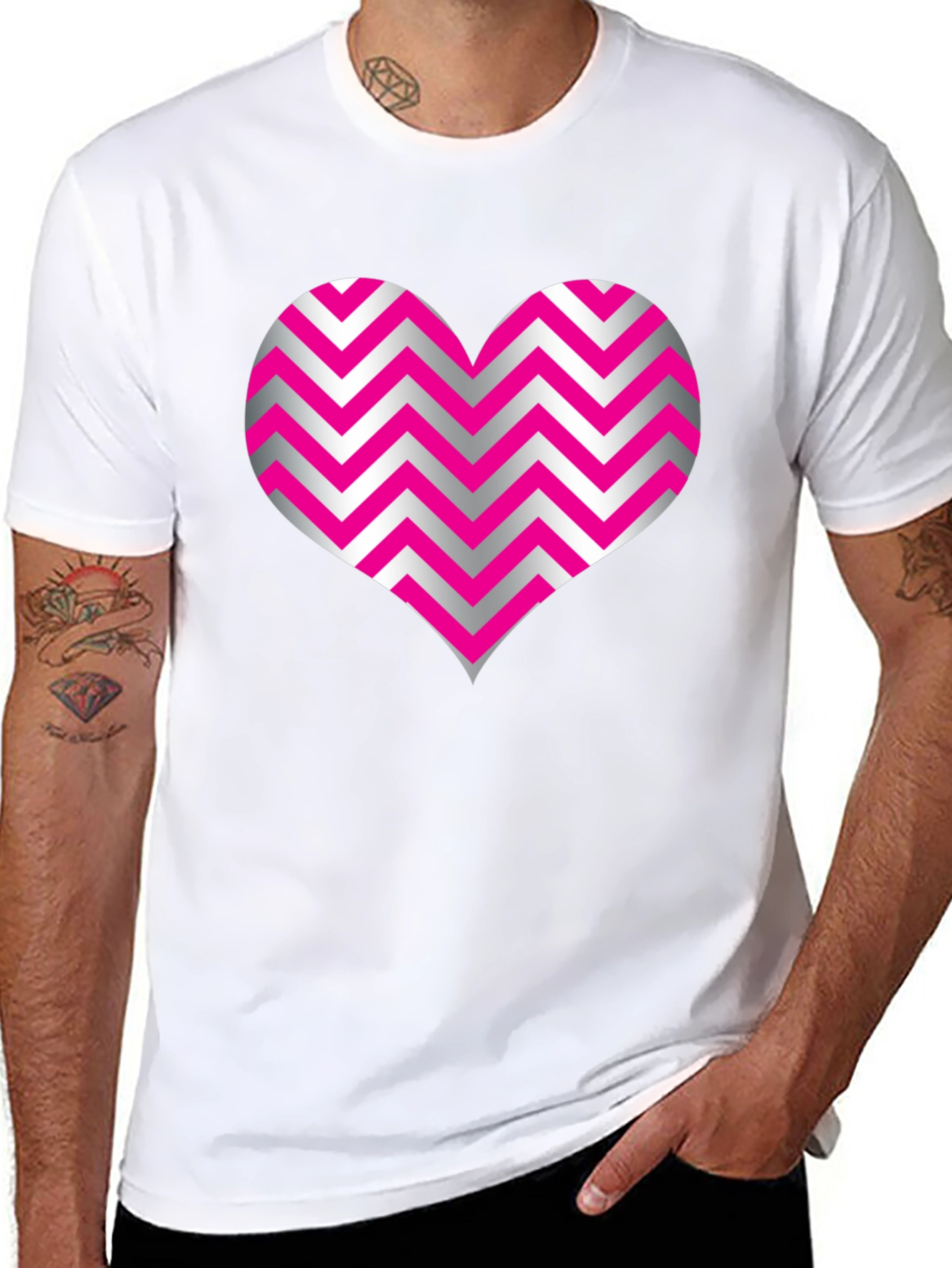 Heart Zig Zag Pattern Black T-Shirt