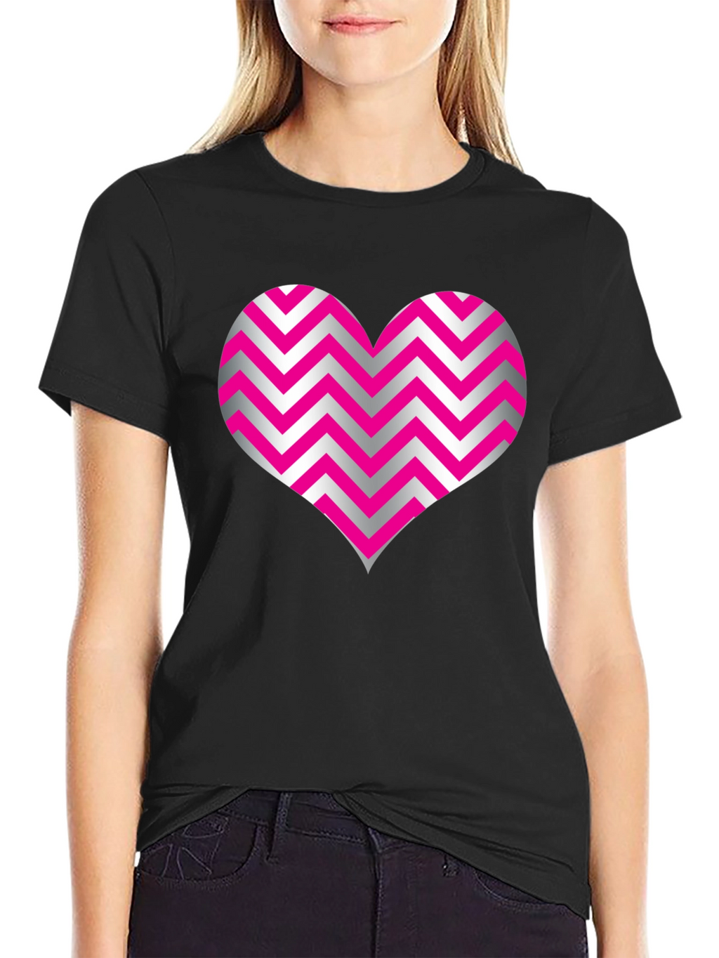 Heart Zig Zag Pattern Black T-Shirt