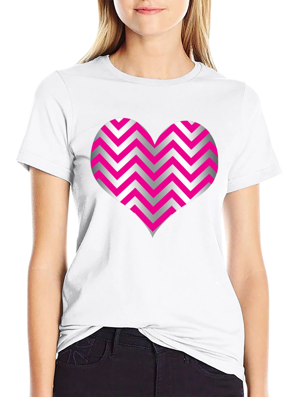 Heart Zig Zag Pattern Black T-Shirt