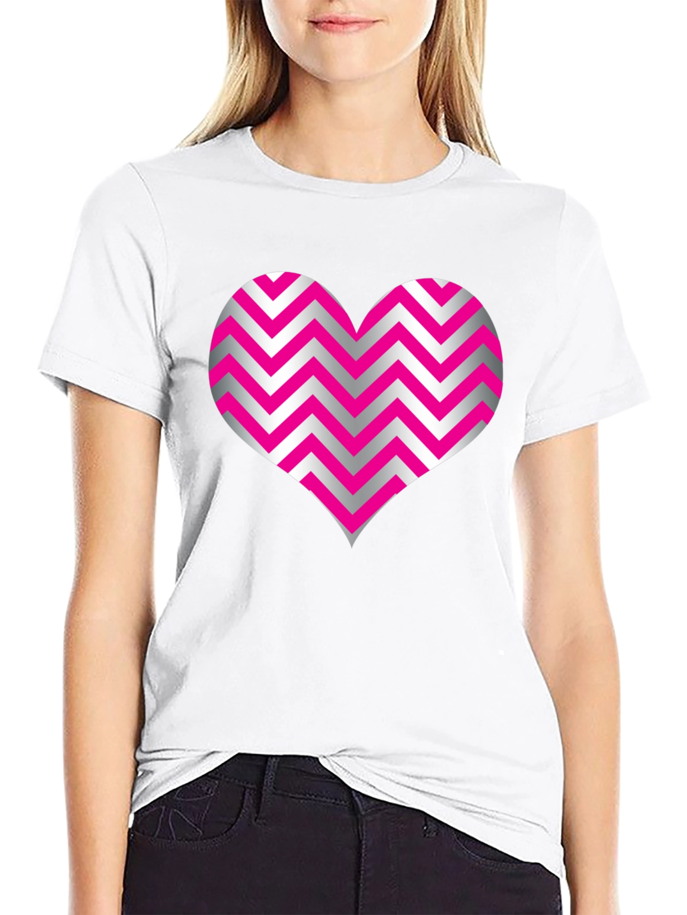 Heart Zig Zag Pattern Black T-Shirt