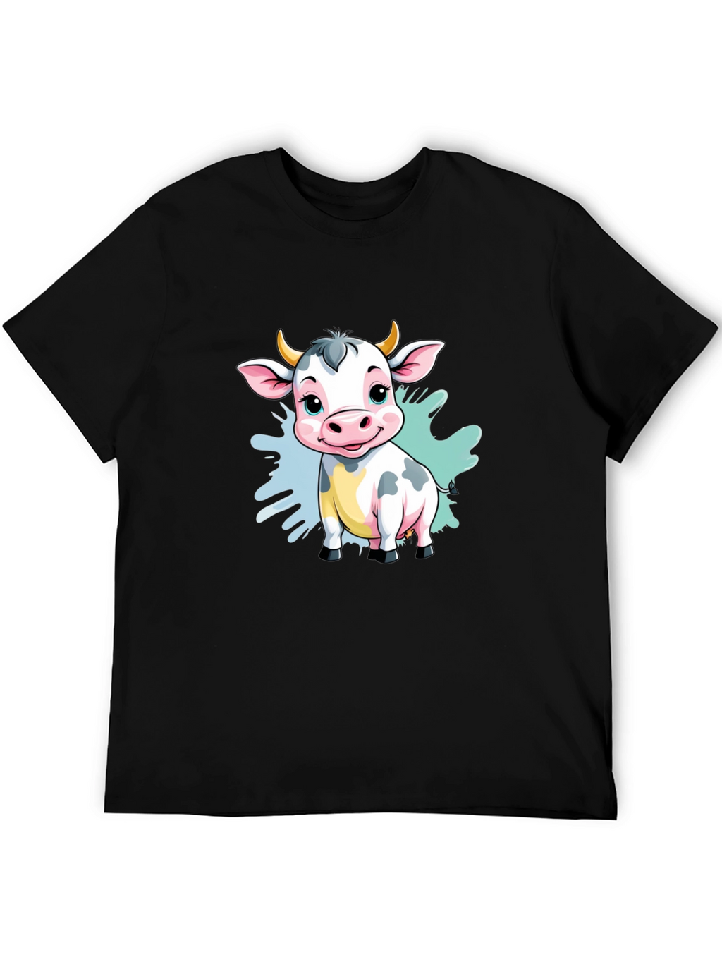 Cute Cartoon Cow Black T-Shirt