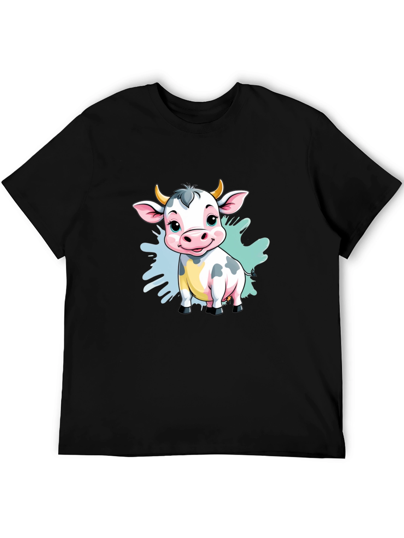 Cute Cartoon Cow Black T-Shirt