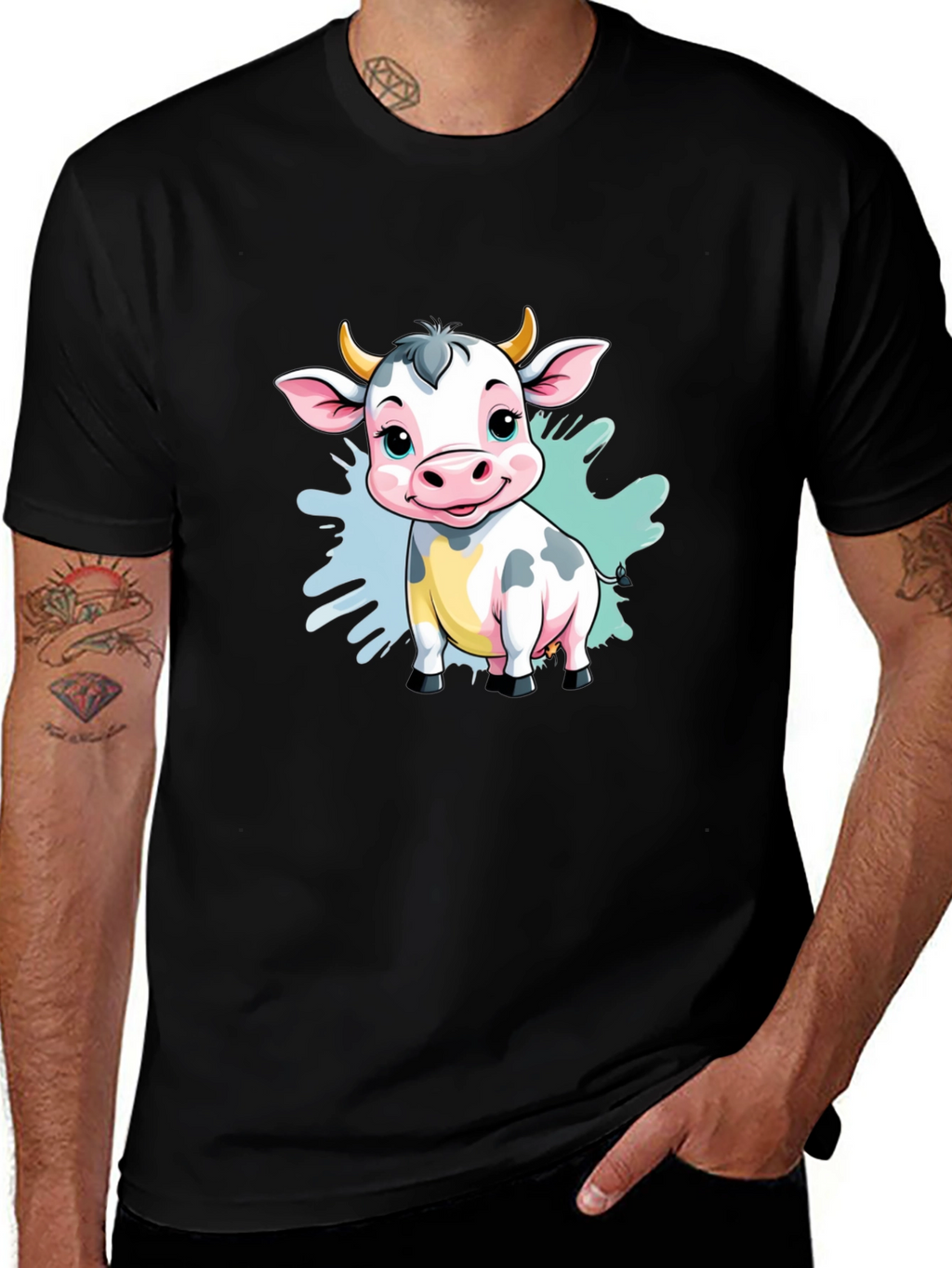 Cute Cartoon Cow Black T-Shirt