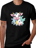 Cute Cartoon Cow Black T-Shirt