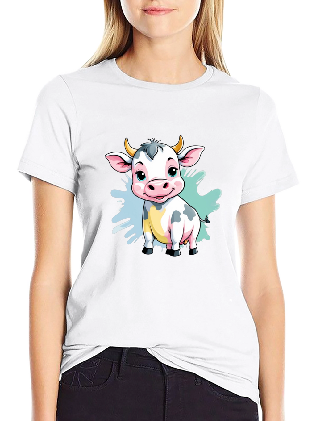 Cute Cartoon Cow Black T-Shirt