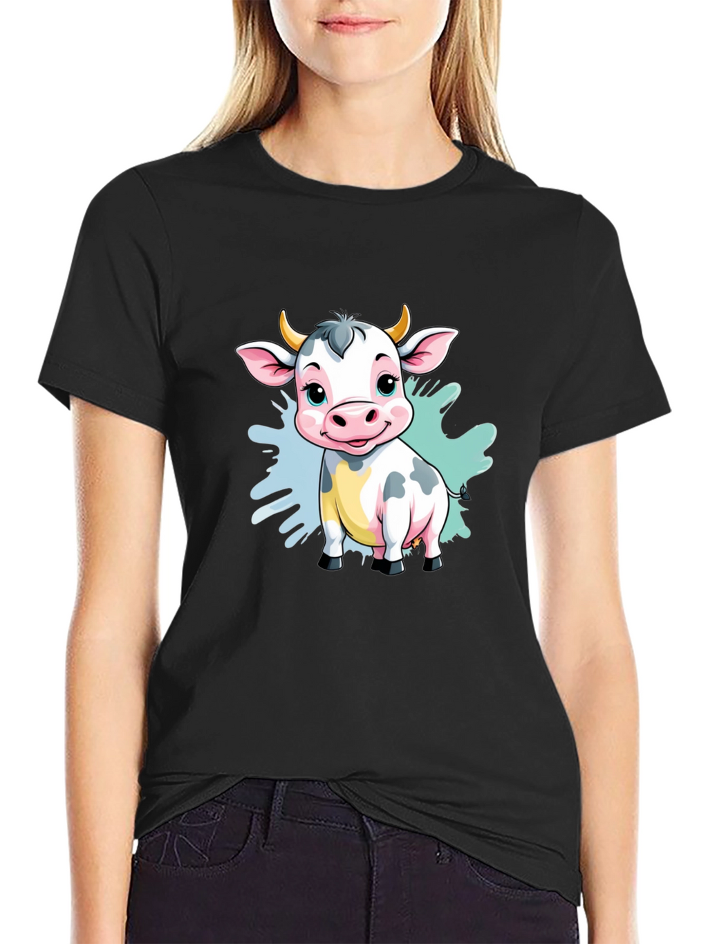 Cute Cartoon Cow Black T-Shirt