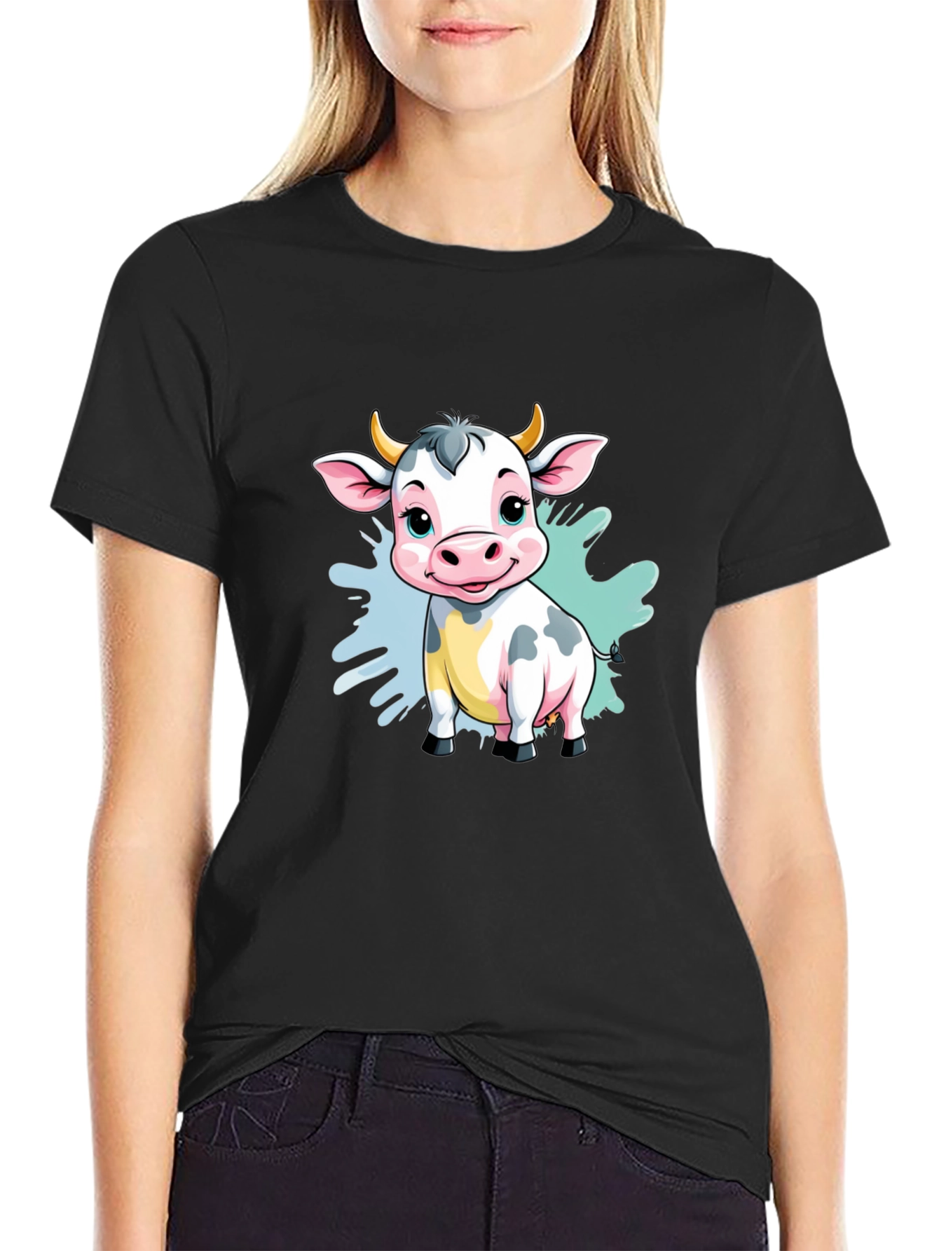 Cute Cartoon Cow Black T-Shirt