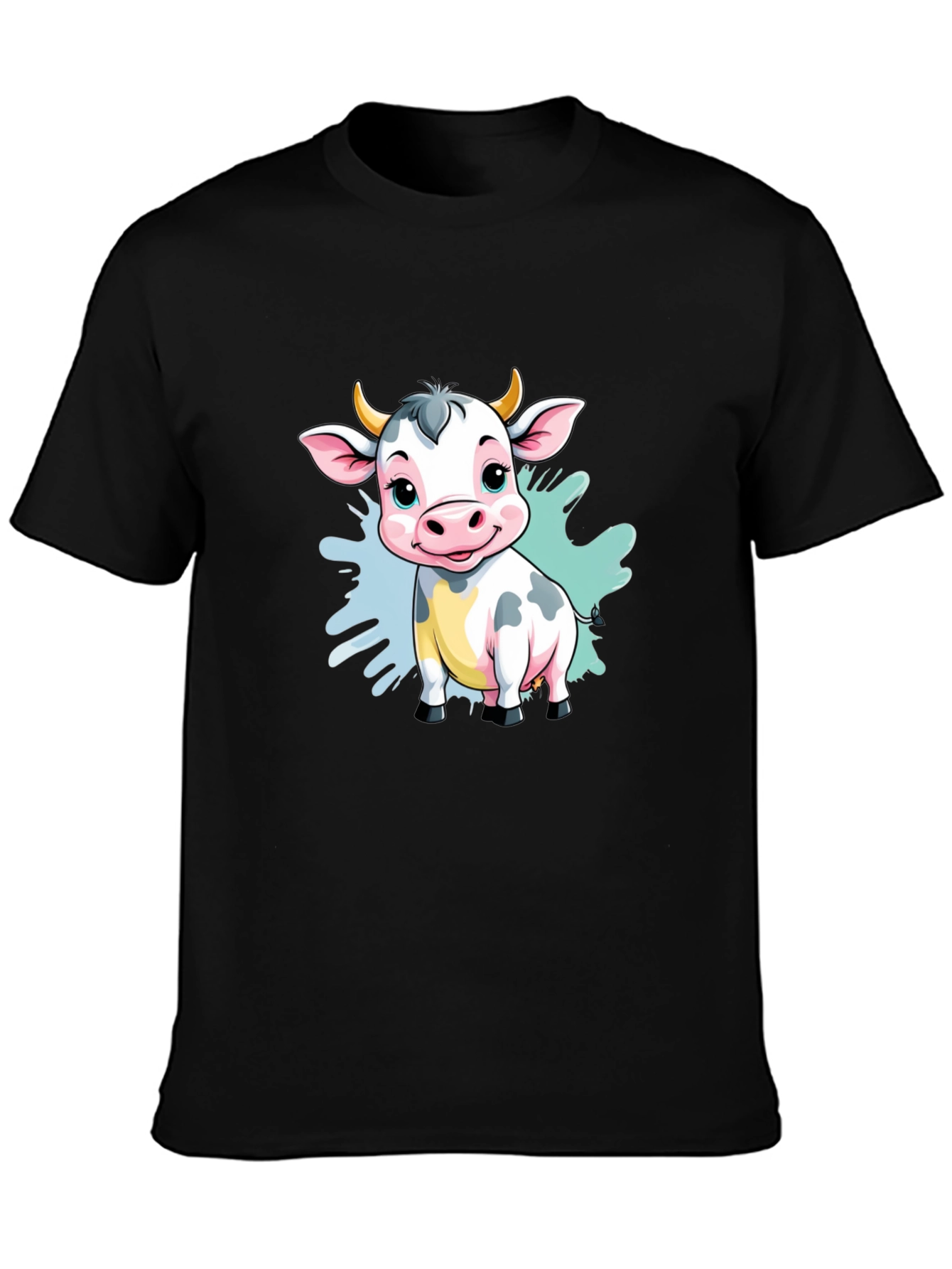 Cute Cartoon Cow Black T-Shirt