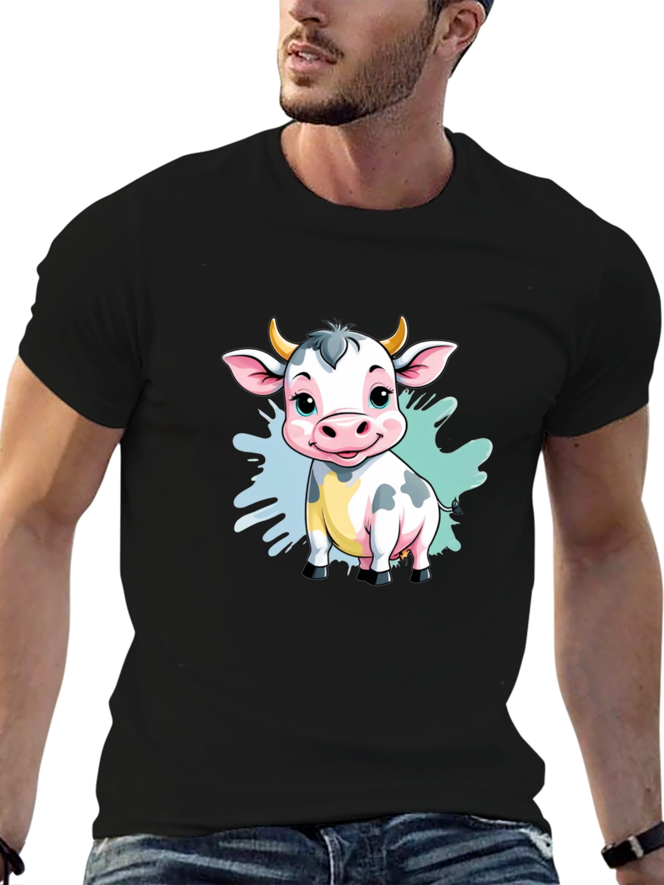 Cute Cartoon Cow Black T-Shirt