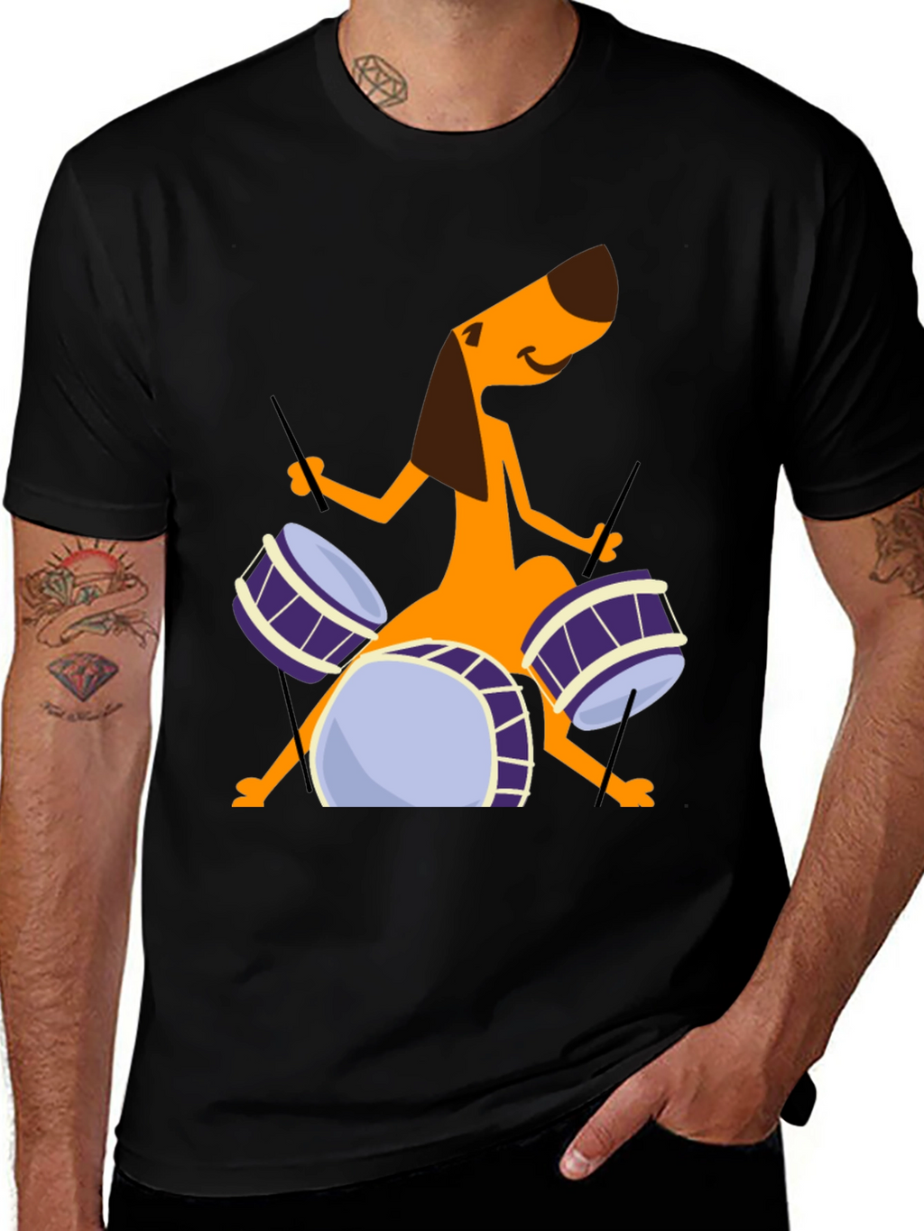 Dog Drummer Graphic Tee - Black Cotton T-Shirt