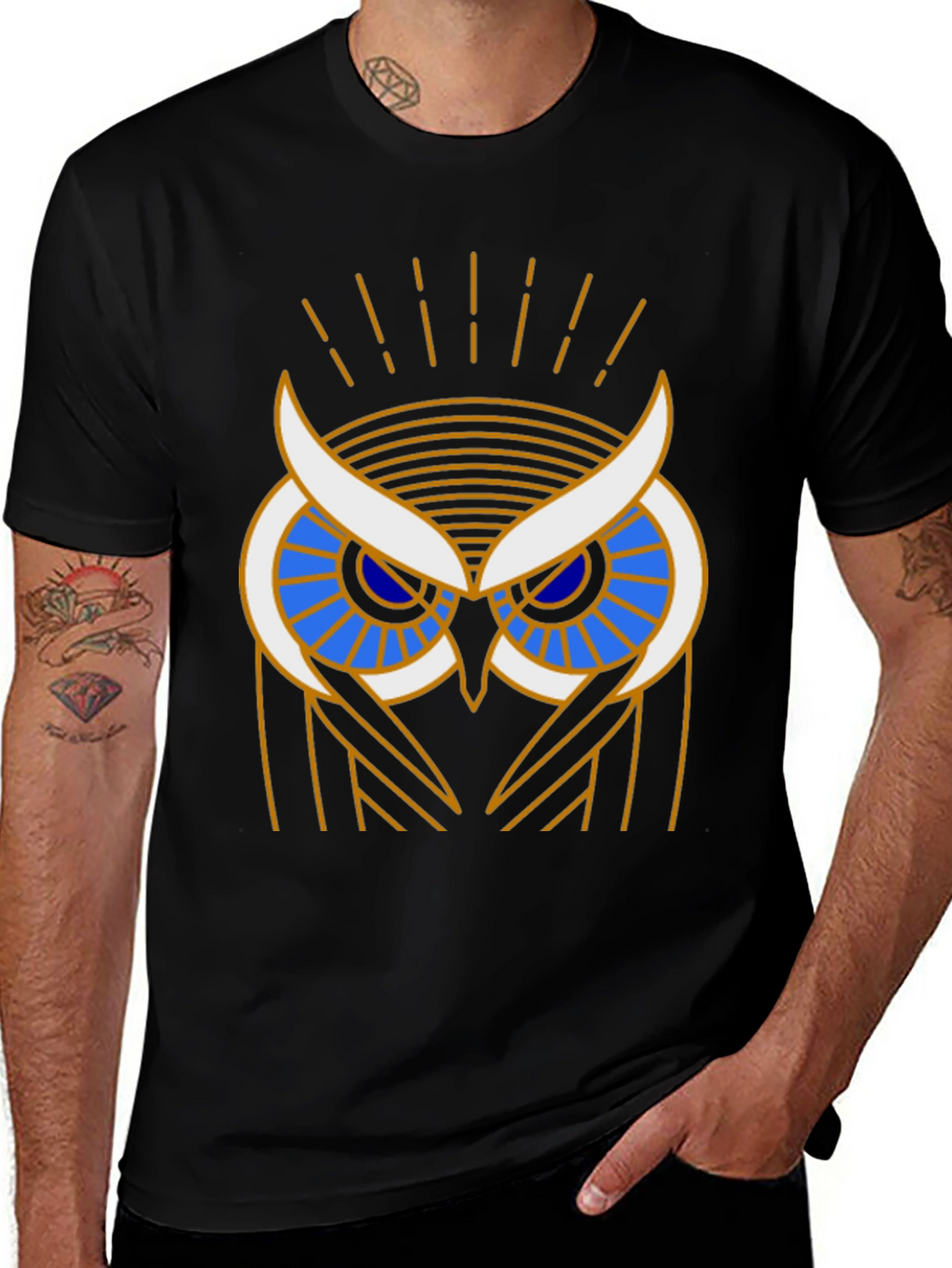 Art Deco Owl Graphic Print Black T-Shirt