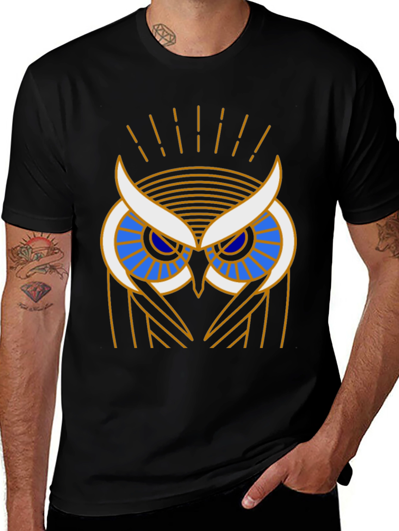 Art Deco Owl Graphic Print Black T-Shirt