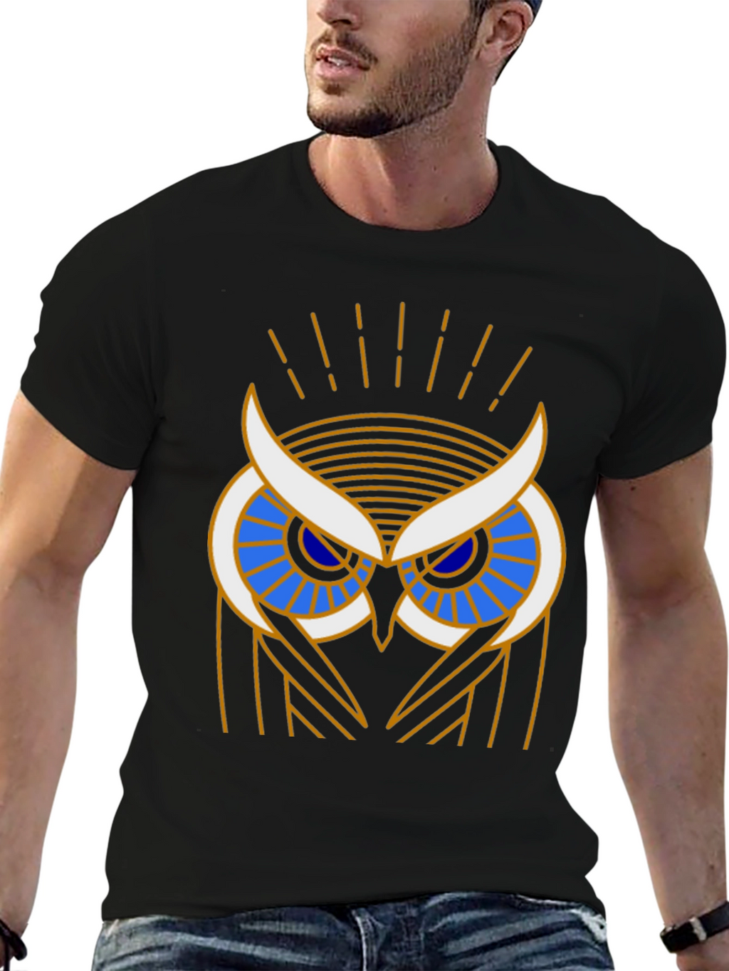 Art Deco Owl Graphic Print Black T-Shirt