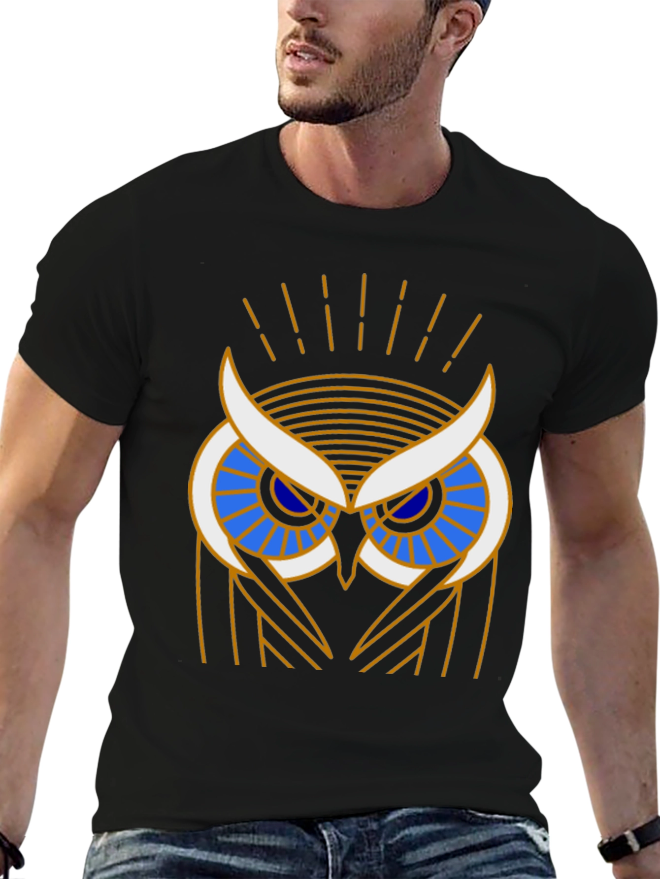 Art Deco Owl Graphic Print Black T-Shirt