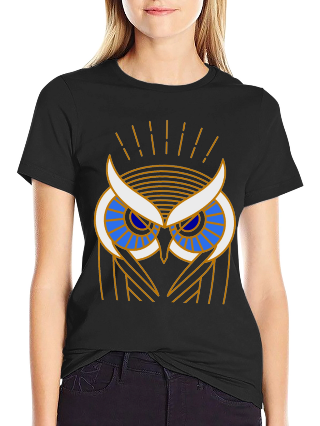 Art Deco Owl Graphic Print Black T-Shirt