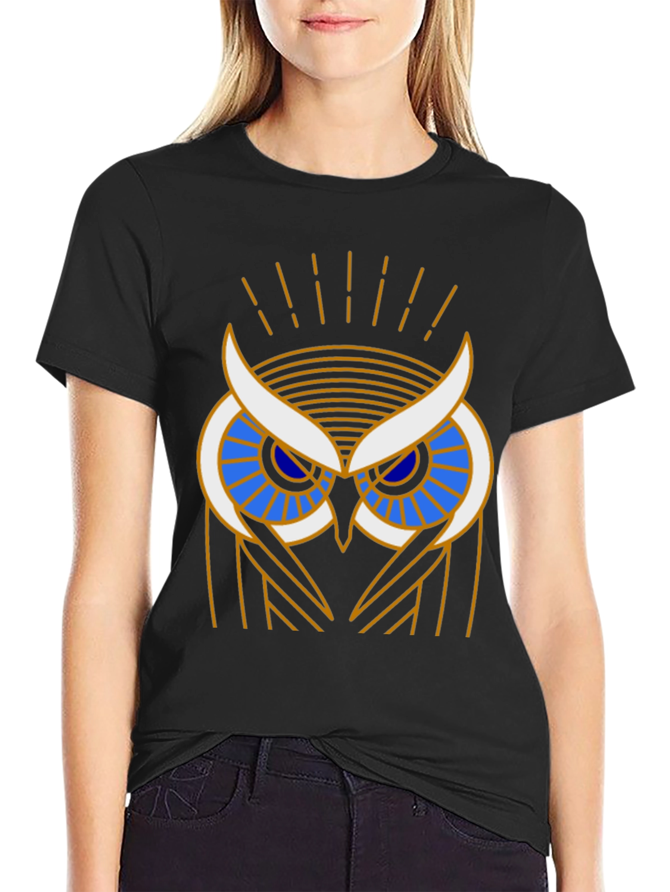 Art Deco Owl Graphic Print Black T-Shirt