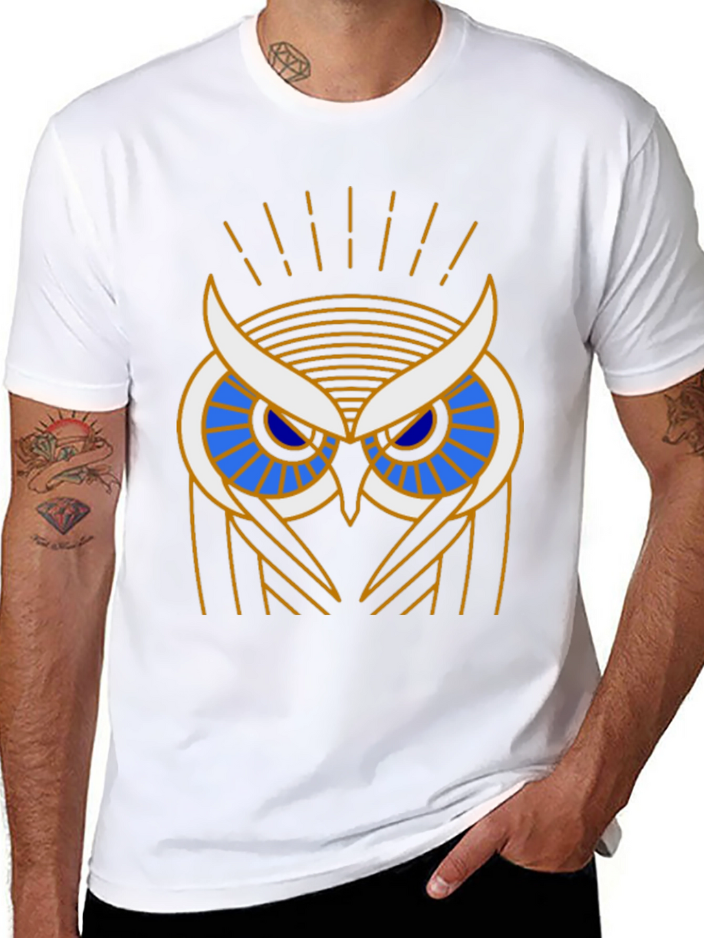 Art Deco Owl Graphic Print Black T-Shirt
