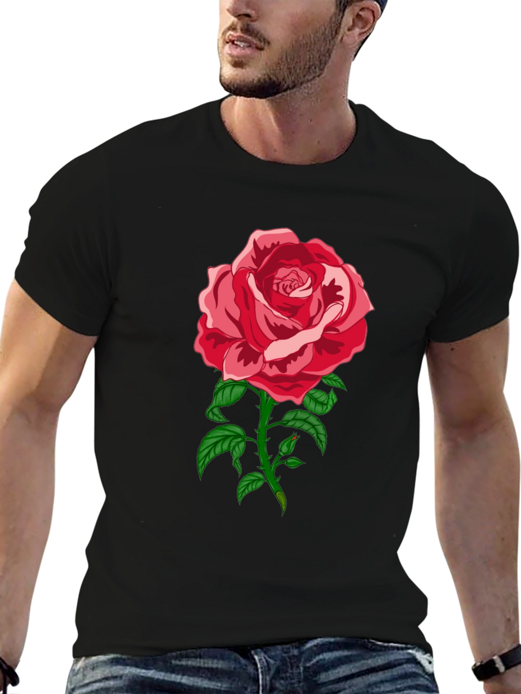 Elegant Rose Graphic Tee - Black Cotton Blend