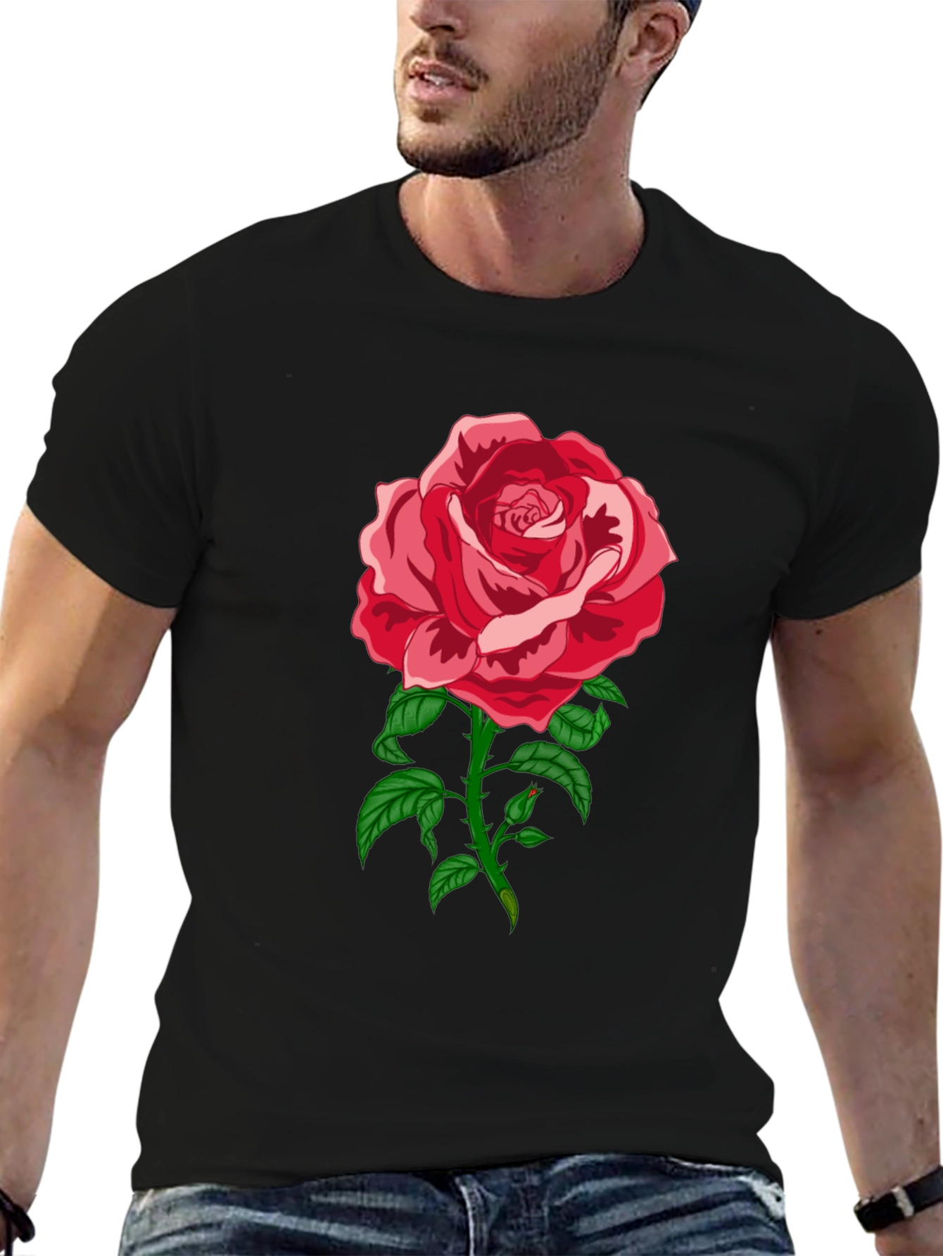 Elegant Rose Graphic Tee - Black Cotton Blend