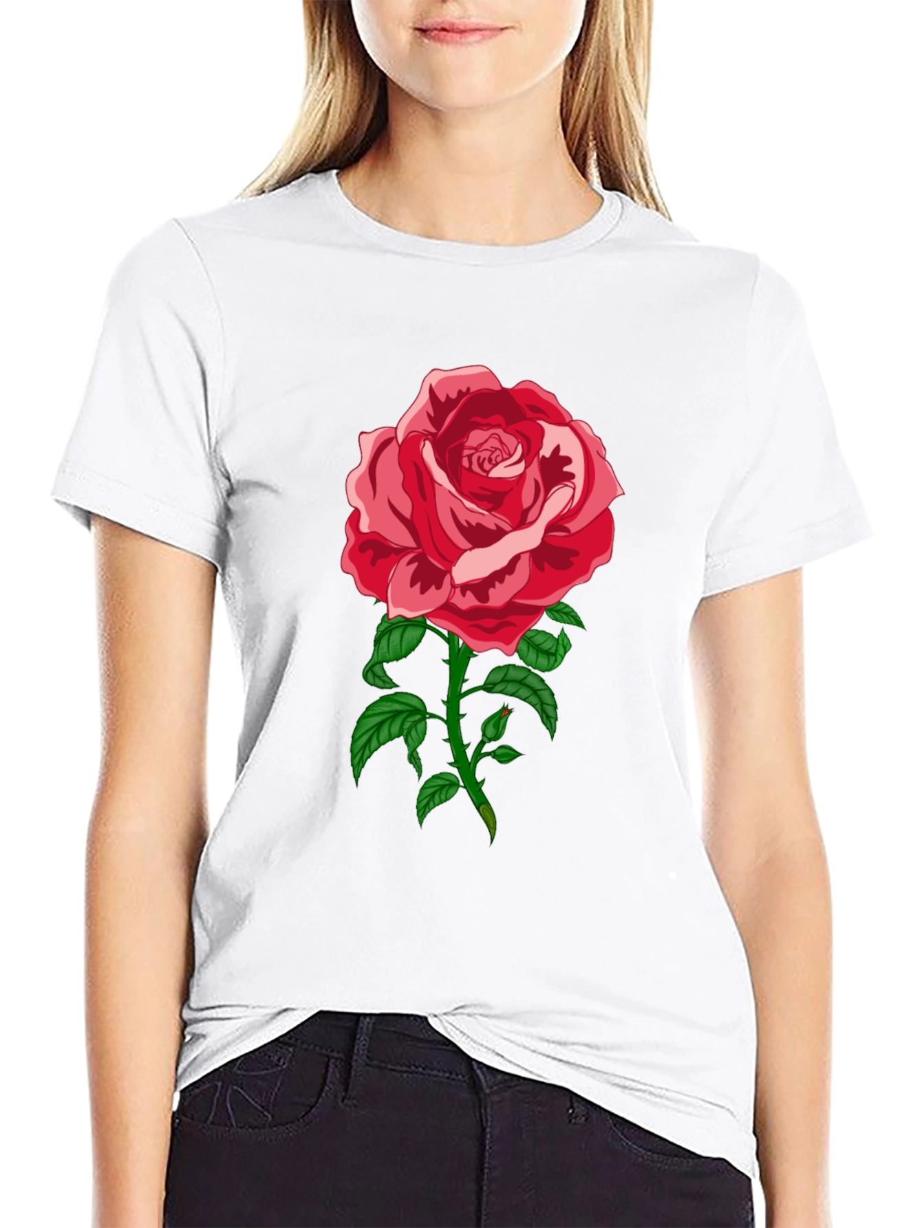 Elegant Rose Graphic Tee - Black Cotton Blend