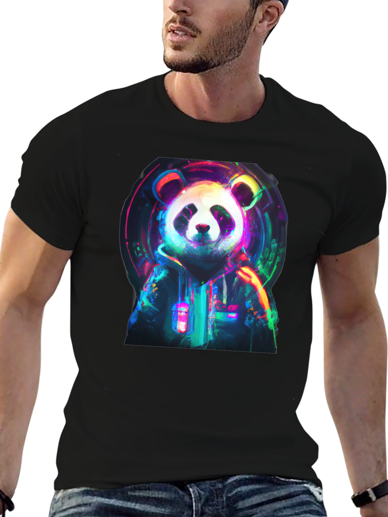 Neon Panda Graphic Black T-Shirt