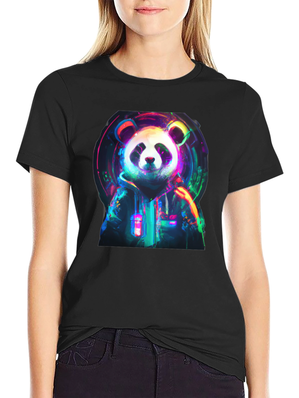 Neon Panda Graphic Black T-Shirt