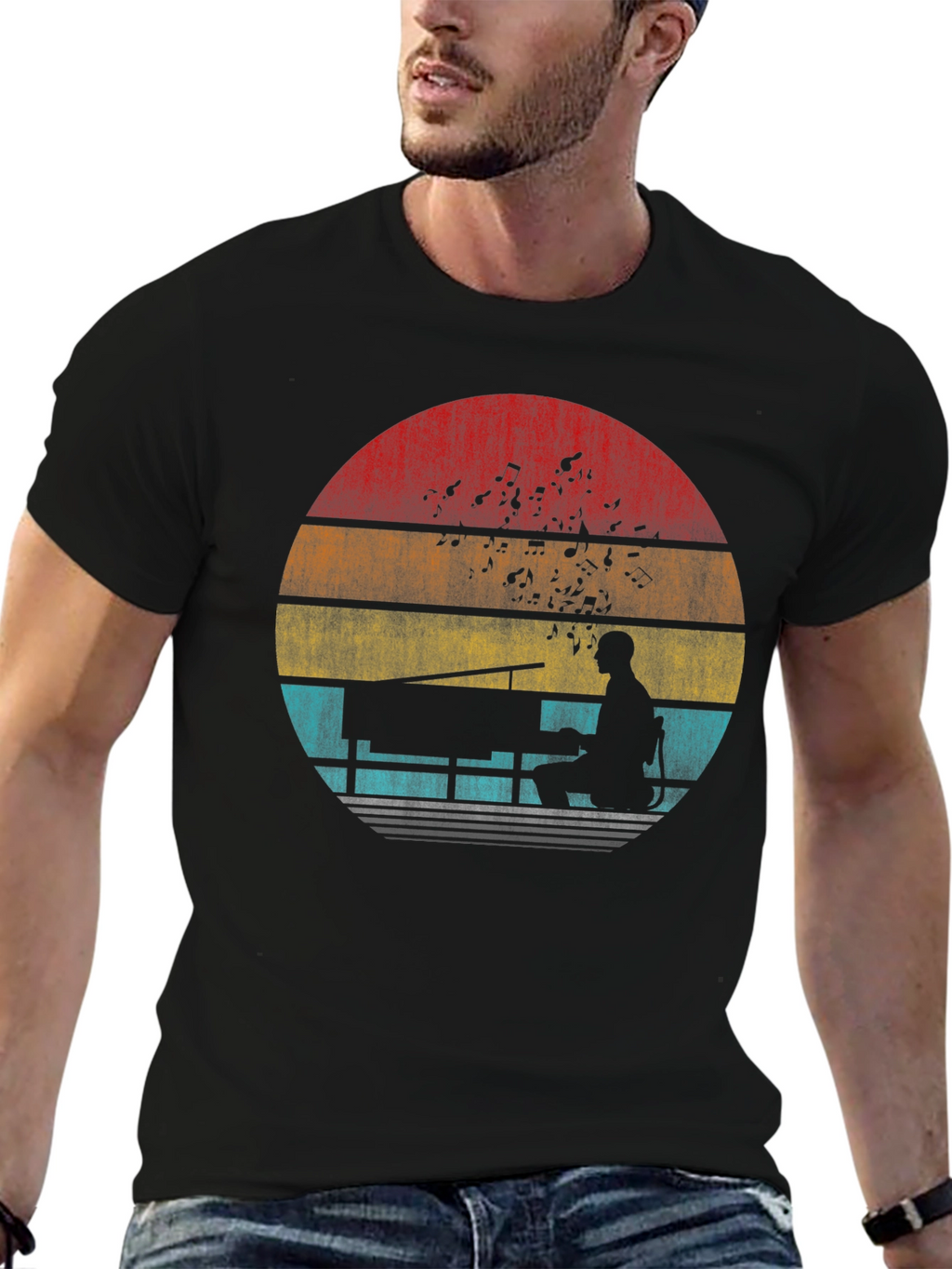 Retro Piano Player Sunset T-Shirt