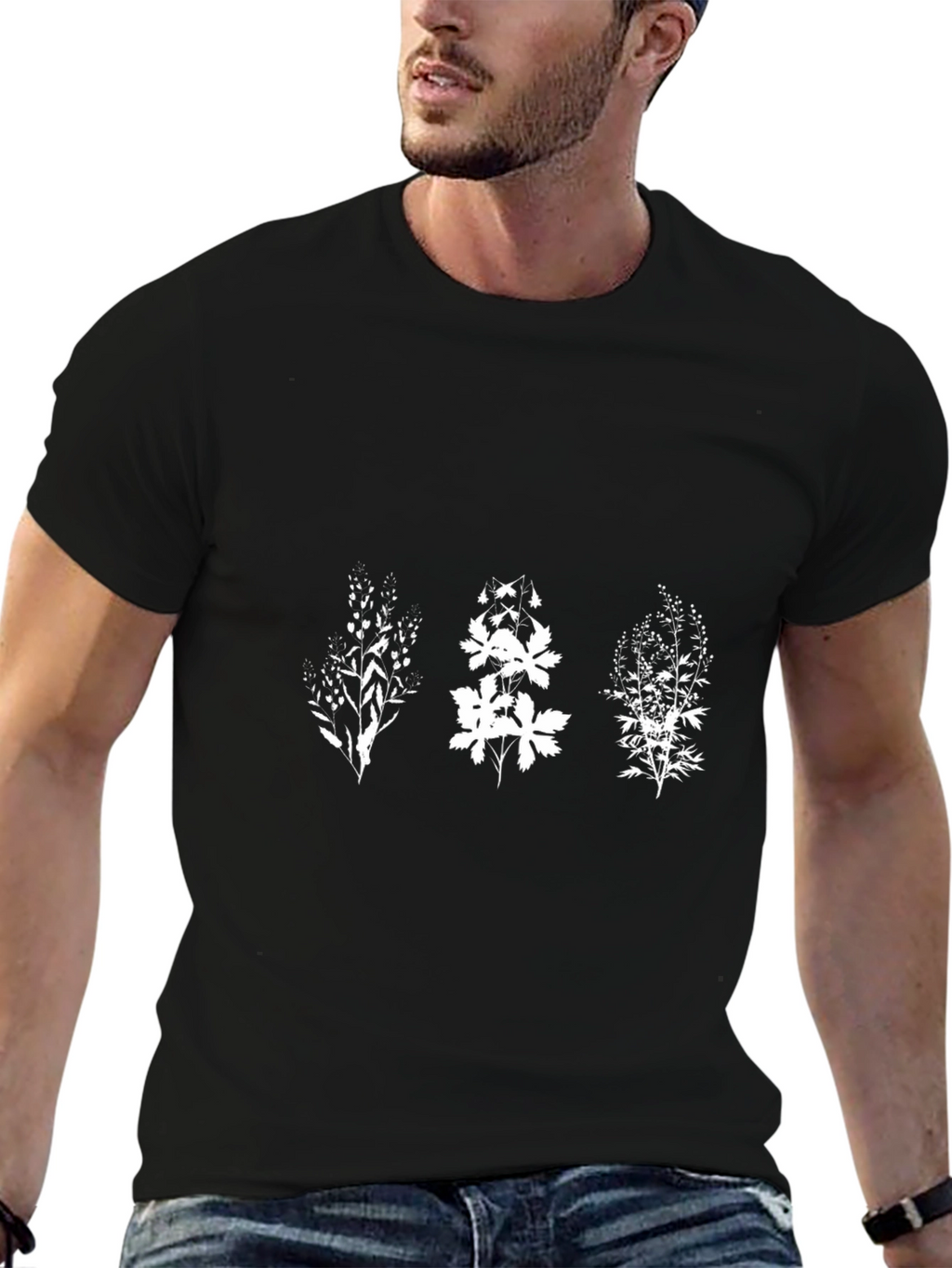 Botanical Print Black Crew Neck Tee